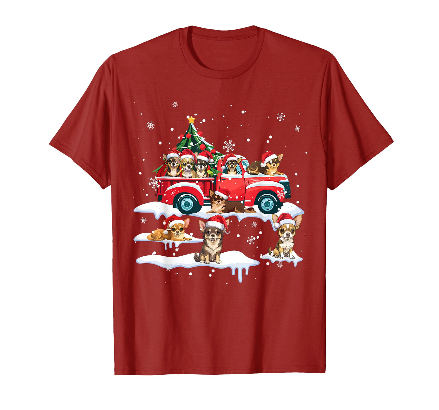 Chihuahua Dog Riding Red Truck Ugly Sweater Merry Christmas T-Shirt