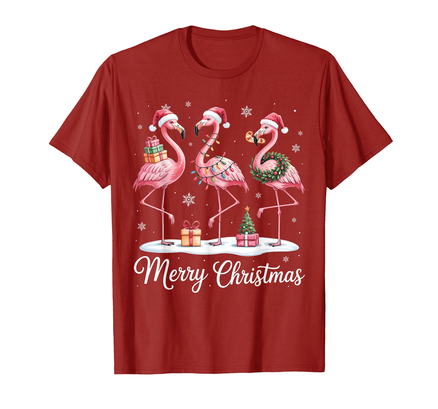 Merry Christmas Cute Flamingo Santa Snow Xmas Lights Pajamas T-Shirt