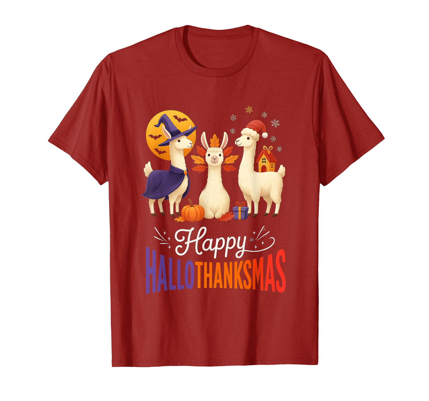 Happy Hallothanksmas Llamas Halloween Thanksgiving Xmas Fun T-Shirt