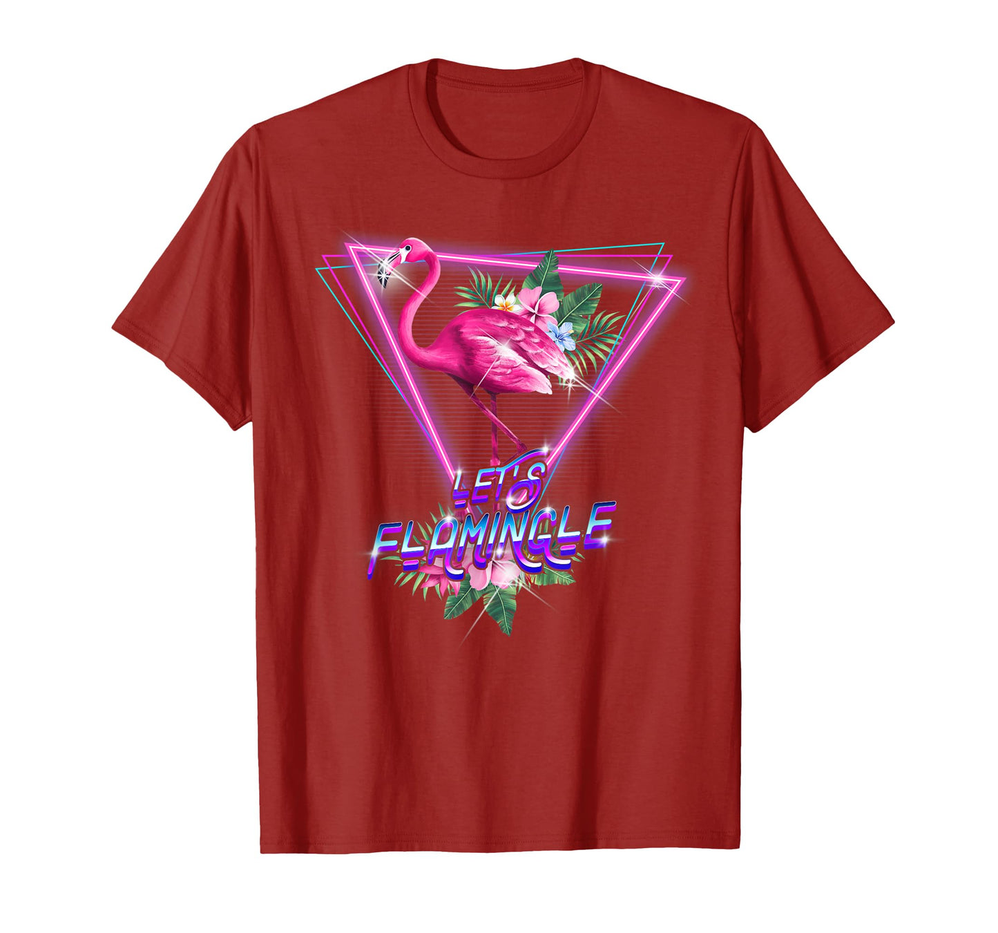 Retro 80s Botanical Tropical Leaf Flowers Let's Flamingle T-Shirt
