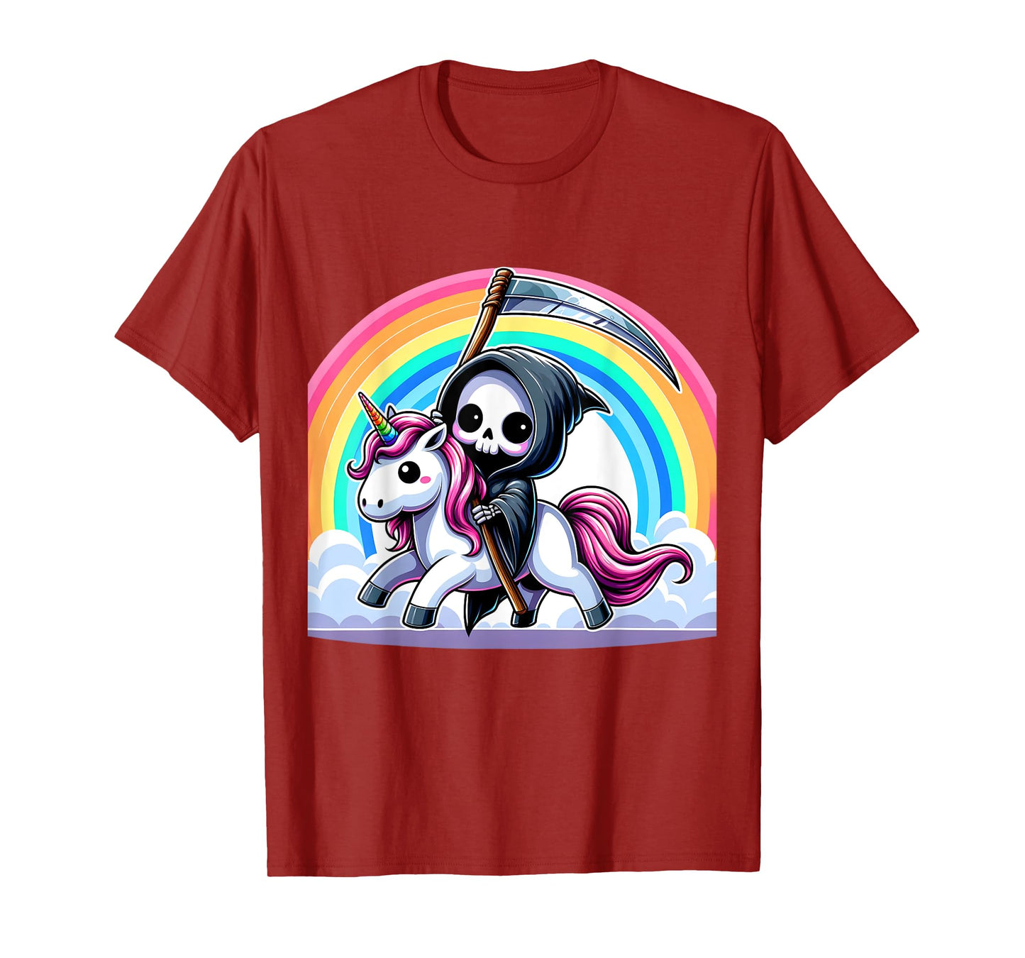 Grim Reaper Riding Unicorn Funny Rainbow Heavy Metal T-Shirt