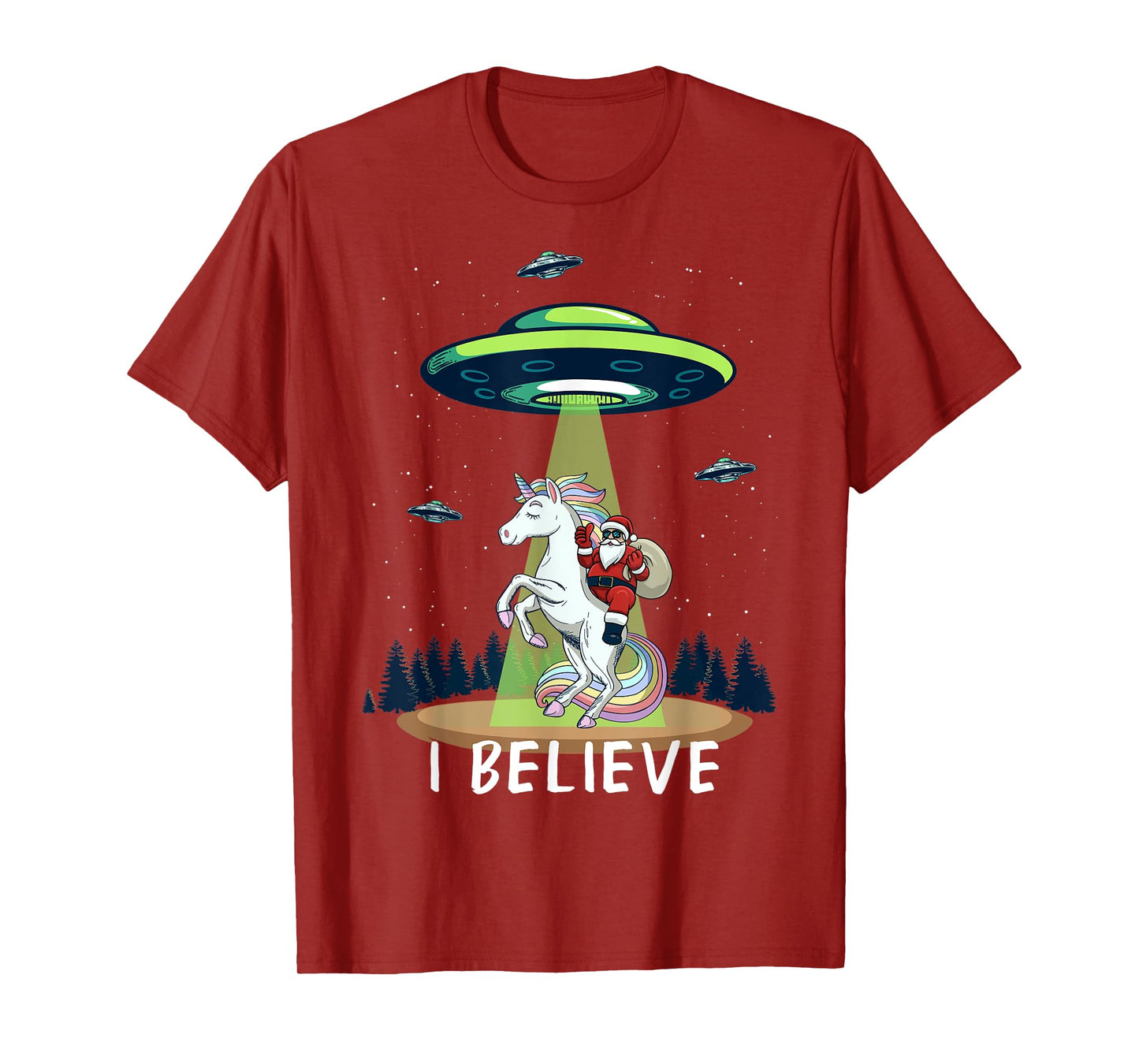 Santa Claus Riding Unicorn Alien space UFO Christmas Design T-Shirt