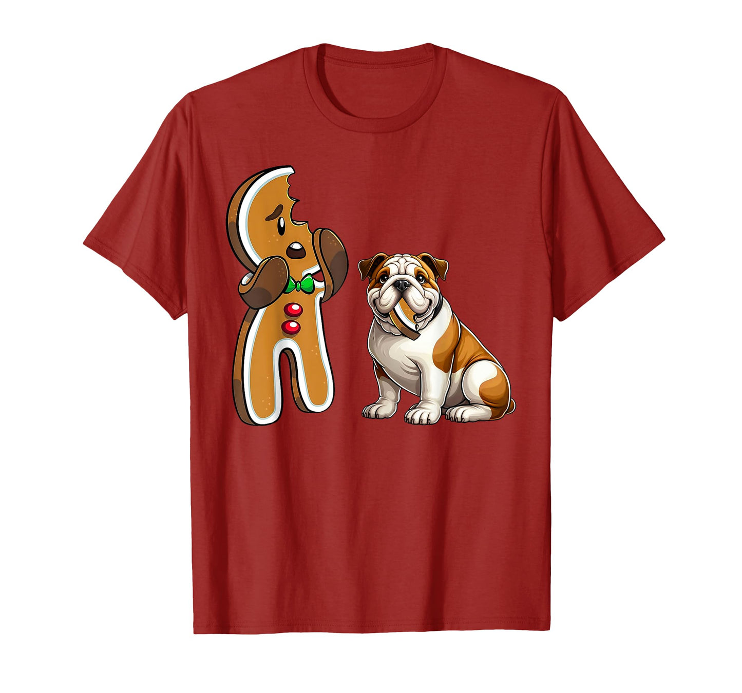 Funny English Bulldog Dog Biting Gingerbread Merry Christmas Men Women Kids T-Shirt