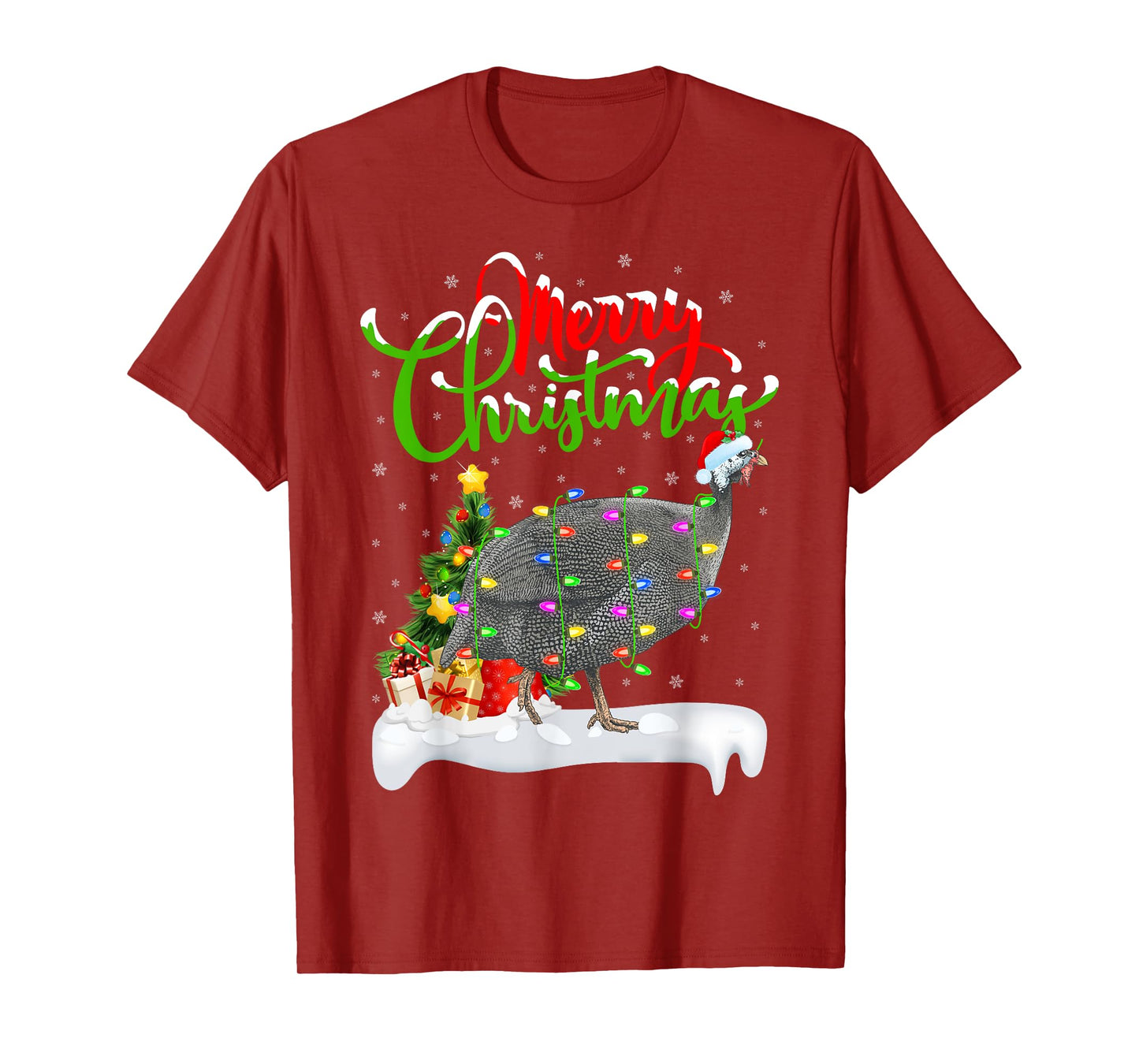 Xmas Lights Tree Santa Guinea Fowl Bird Merry Christmas T-Shirt