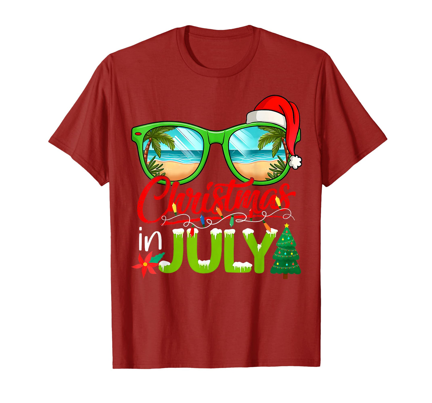 Christmas In July Sunglasses Santa Hat Summer Beach Xmas T-Shirt
