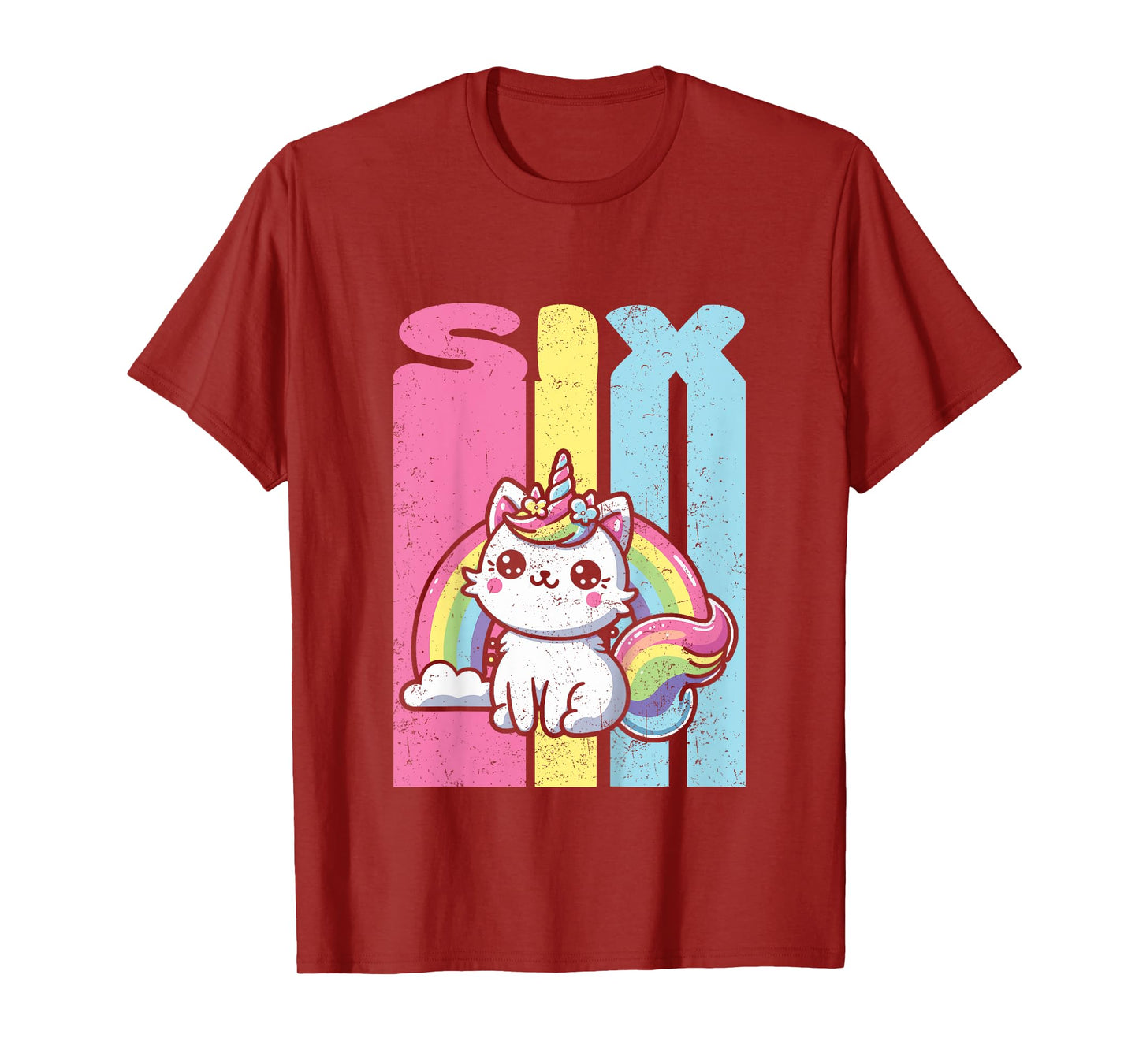 Kids Six 6th Birthday Caticorn Cat Unicorn Rainbow Grunge T-Shirt