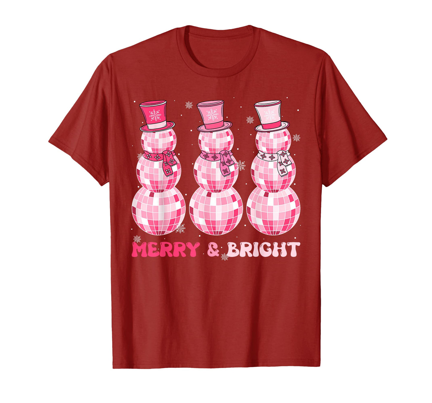 Retro Merry Bright Pink Disco Snowman Christmas Santa Funny T-Shirt