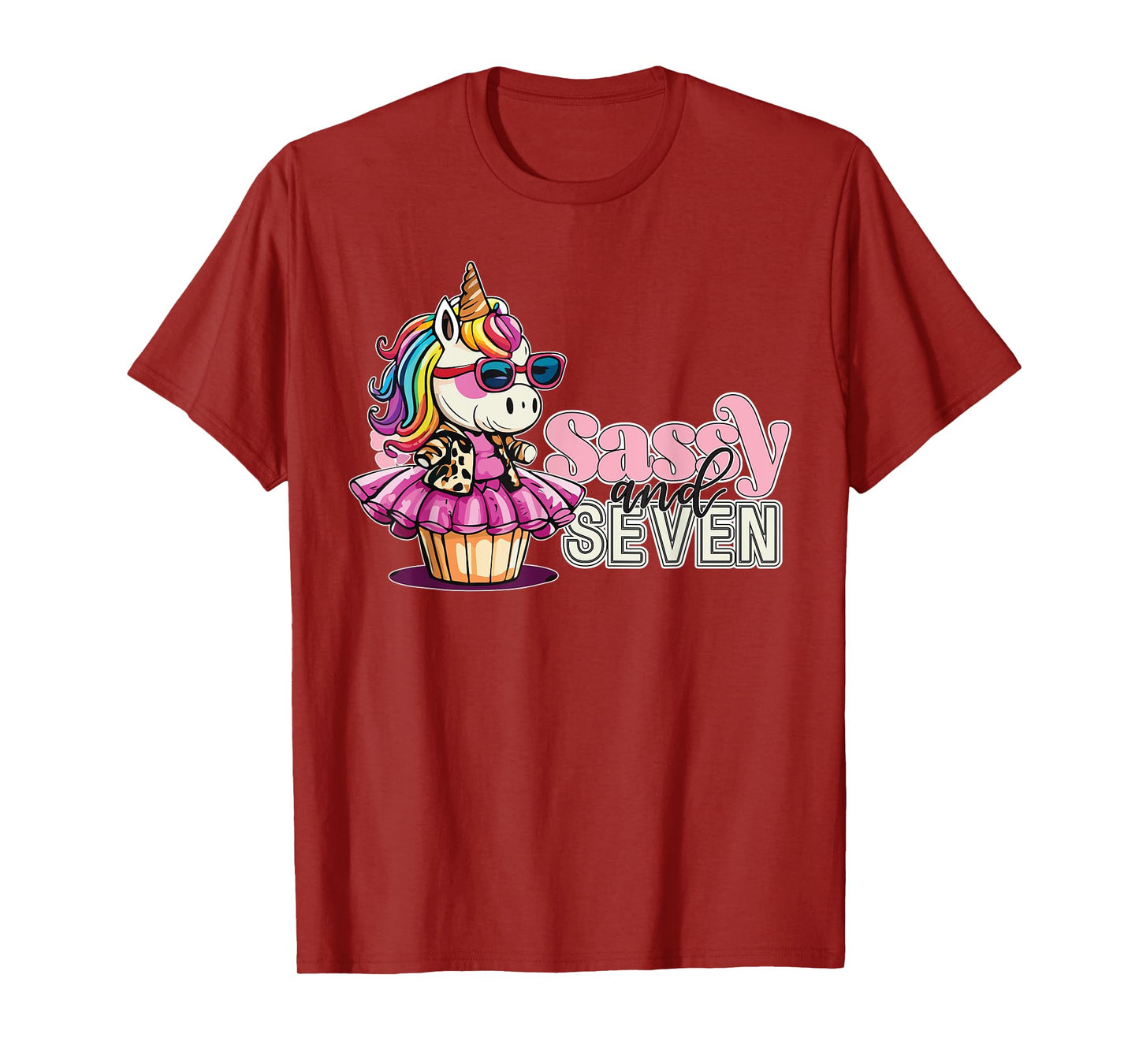 Girls Sassy and Seven 7th Birthday Unicorn Age 7 Cupcake T-Shirt