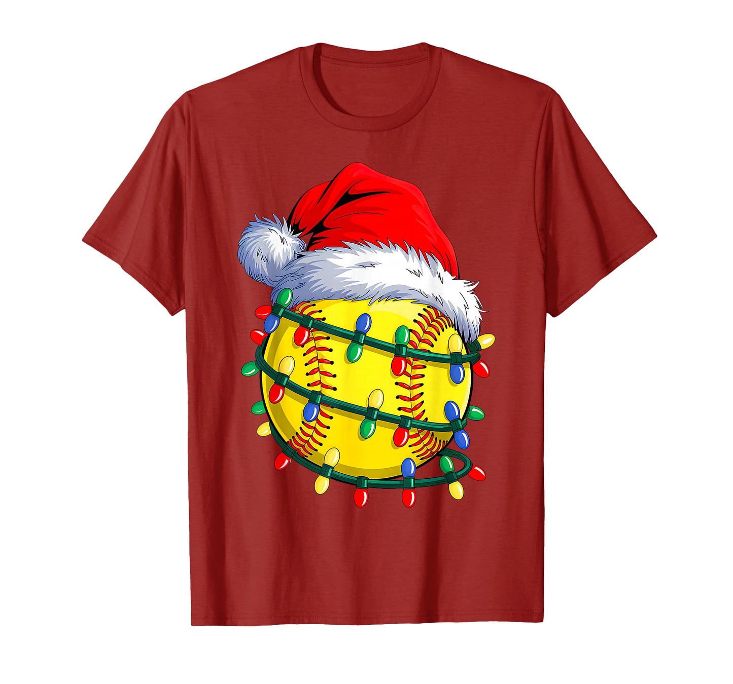Softball Ball Santa Hat Christmas Softball Xmas Lights T-Shirt