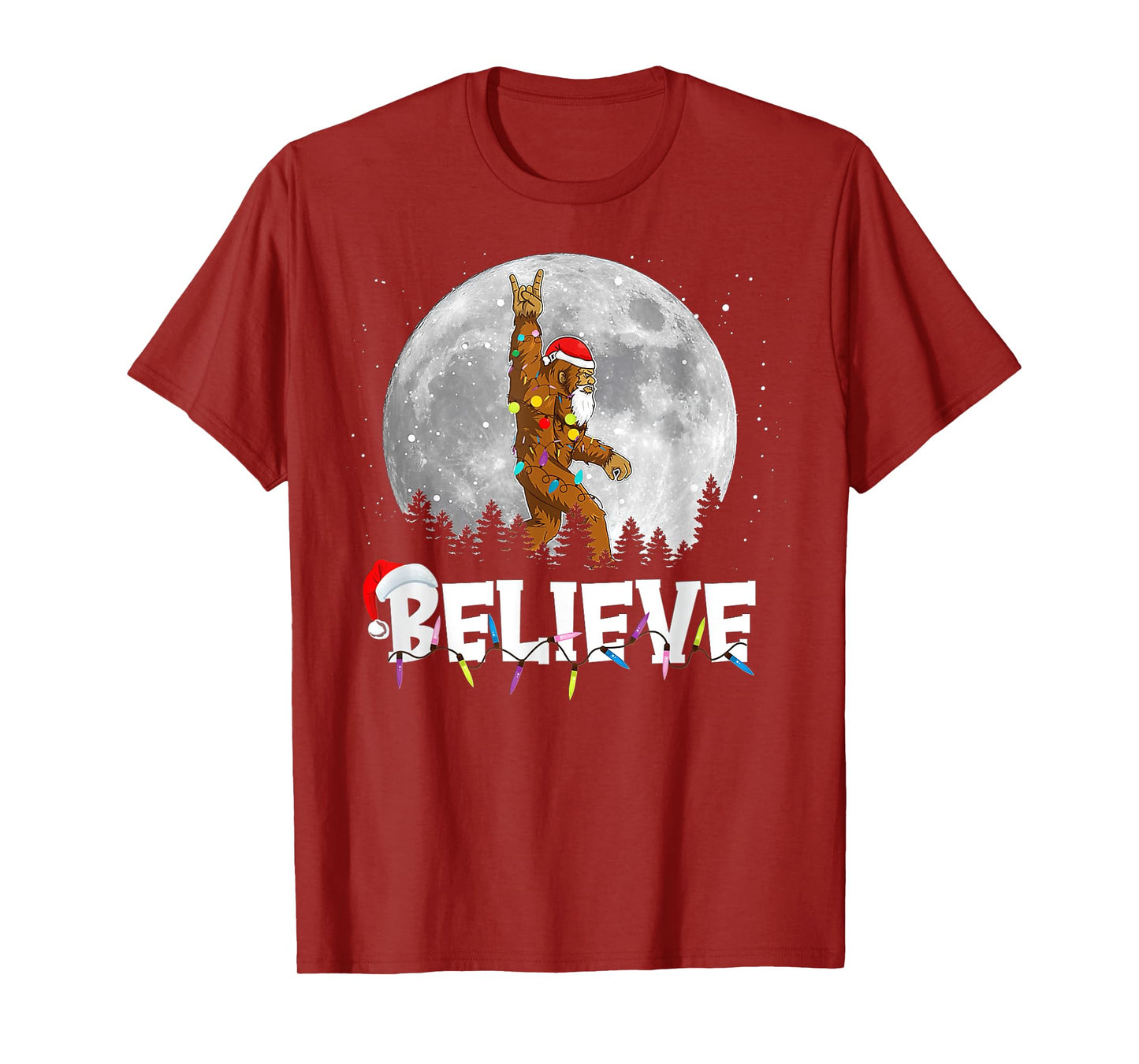 Santa Bigfoot Christmas Light Funny Sasquatch Believe Xmas T-Shirt