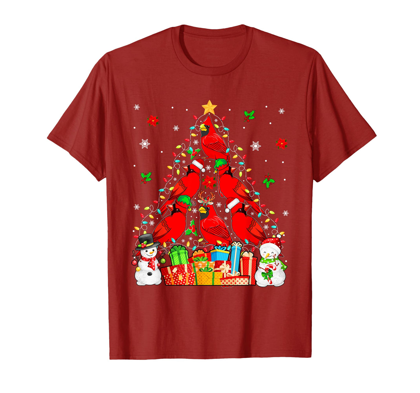 Group Santa Reindeer Elf Cardinal Birds As Xmas Tree Snowmen T-Shirt