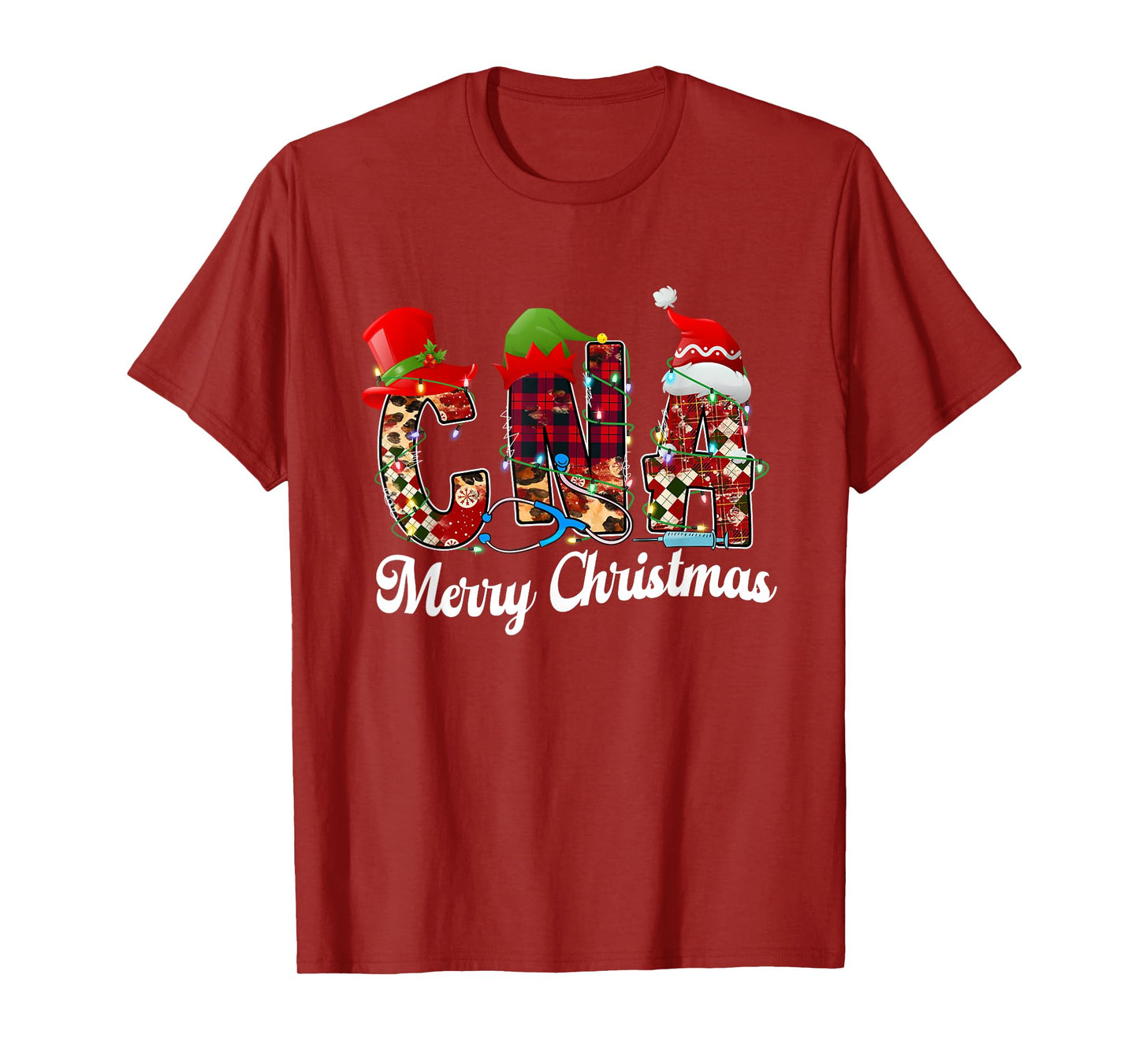 Leopard Red Plaid CNA Nurse Santa Hat Elf Christmas Lights T-Shirt