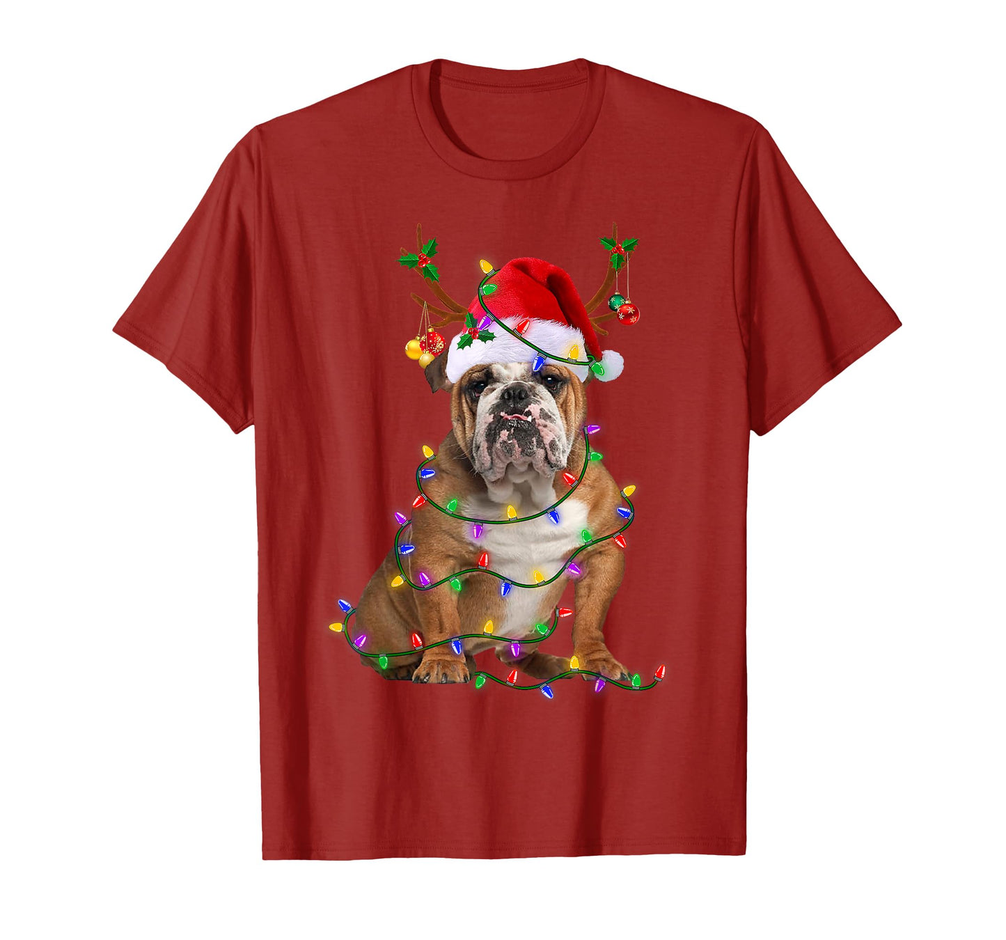Funny English Bulldog Dog Tree Christmas Lights Xmas Pajama T-Shirt for Men Women Kids