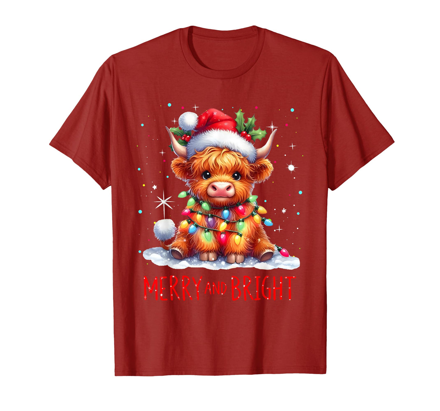 Cute Highland Baby Cow Christmas Lights Merry & Bright Xmas T-Shirt