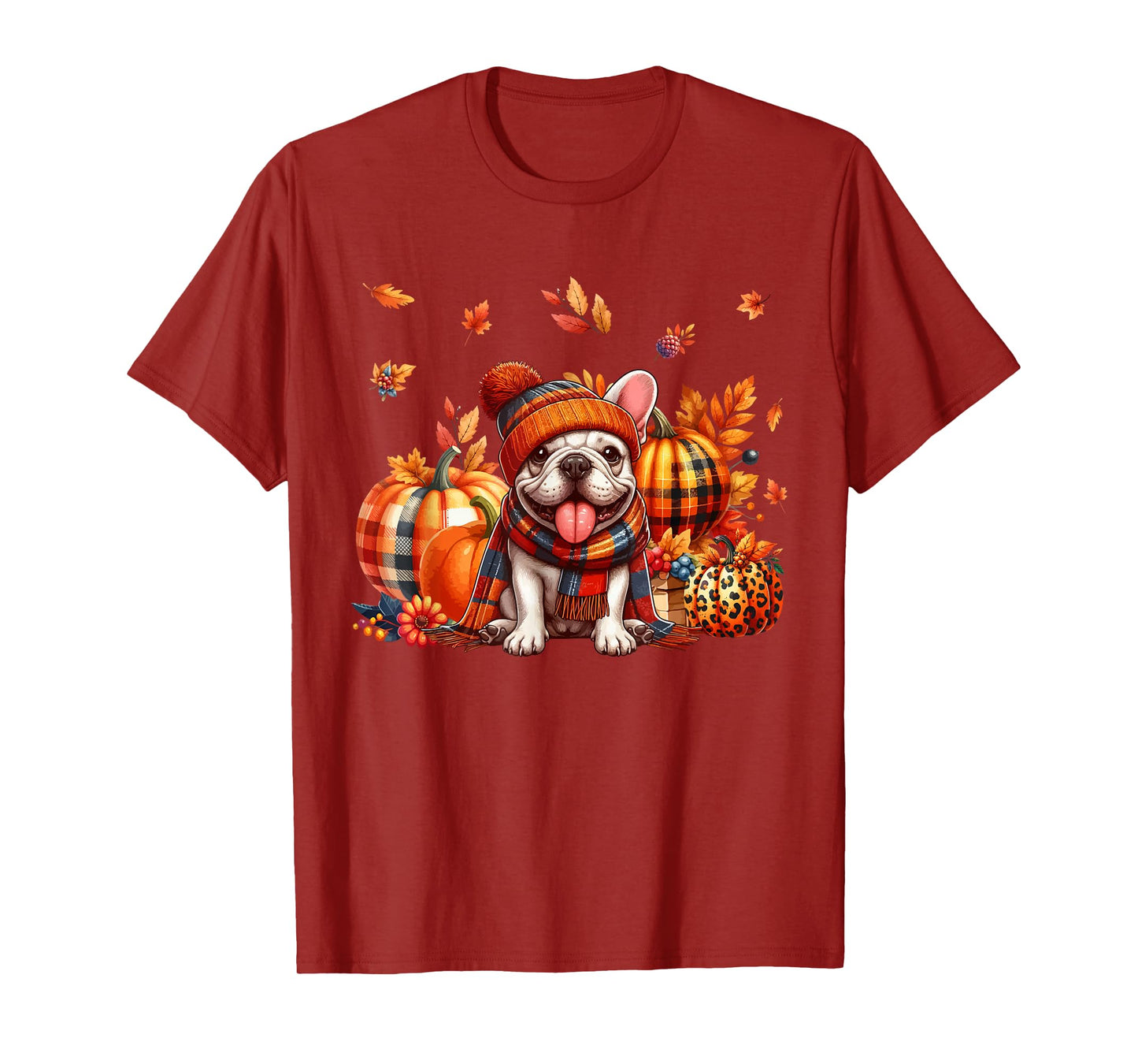 French Bulldog Thanksgiving Leopard Pumpkins Fall Leaves T-Shirt