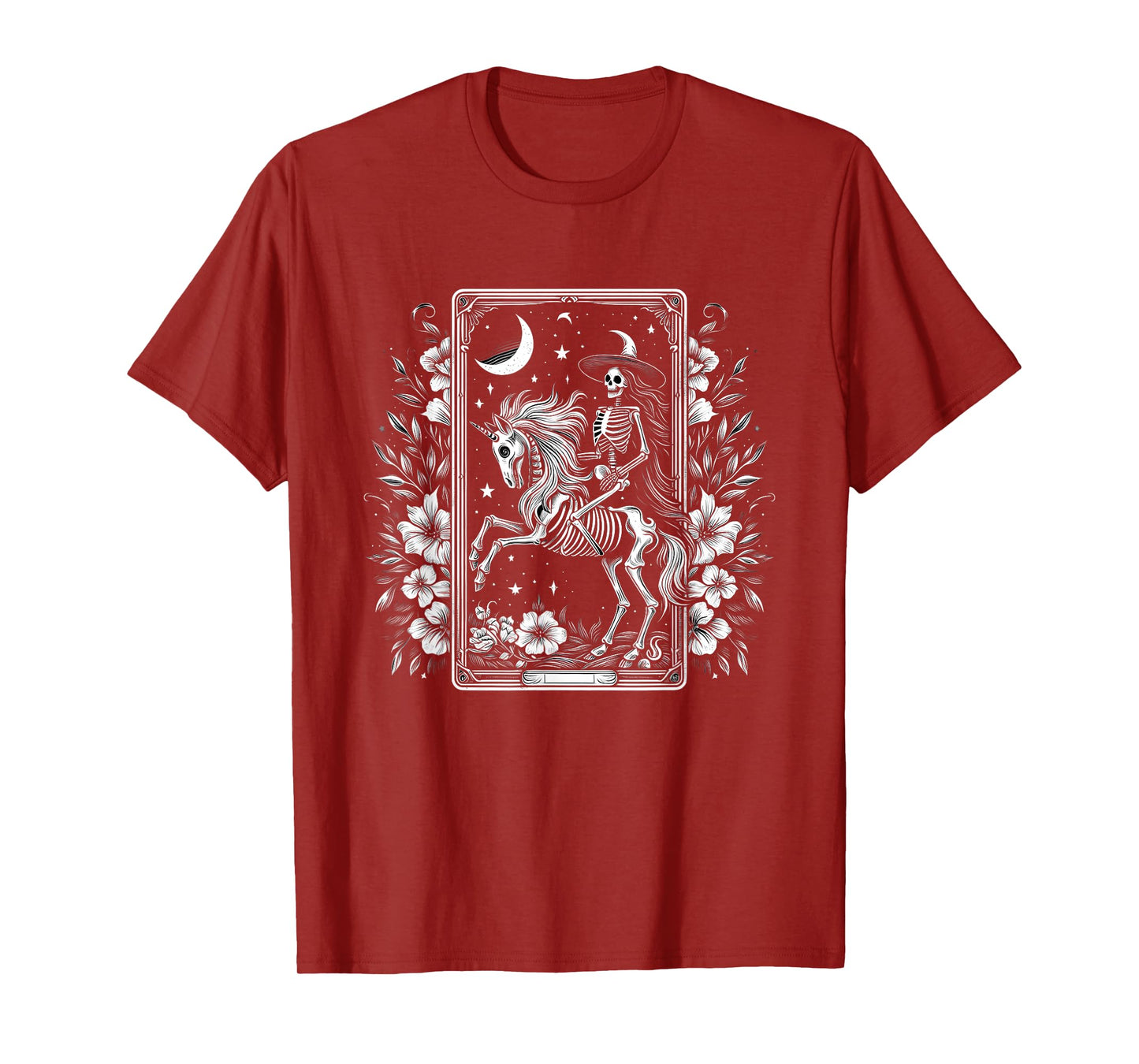 Skeleton Riding Unicorn Skeleton Tarot Card Halloween Flower T-Shirt