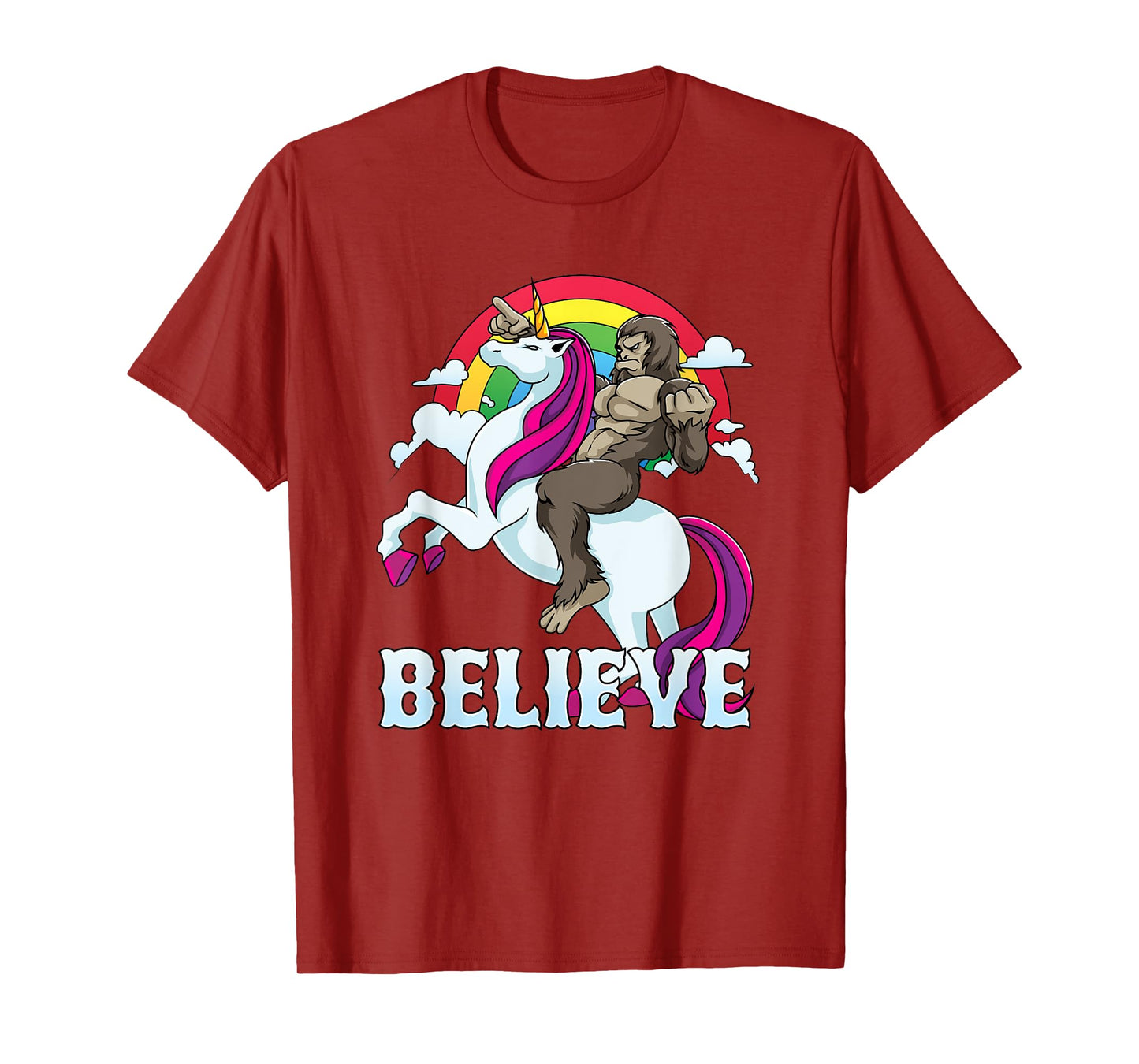 Bigfoot Riding Unicorn Believe Sasquatch Faith Rainbow T-Shirt
