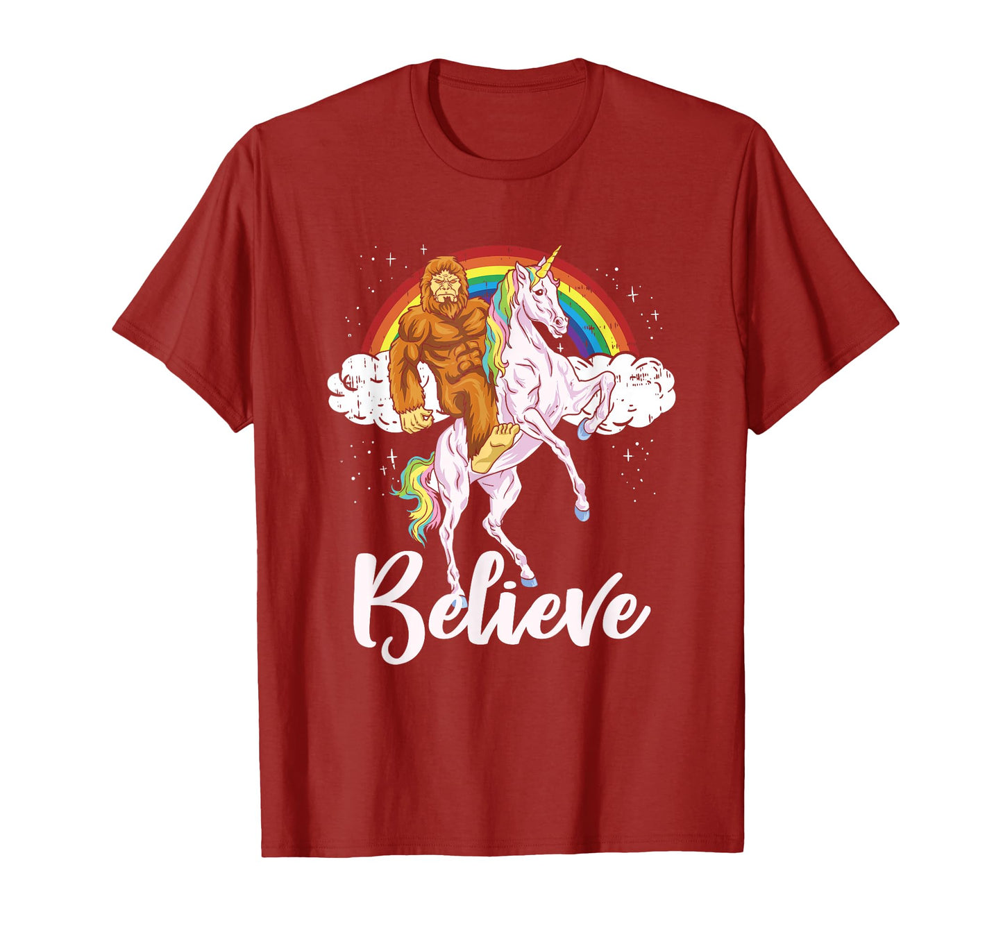 Bigfoot Riding Unicorn Believe Yeti Sasquatch Rainbow T-Shirt