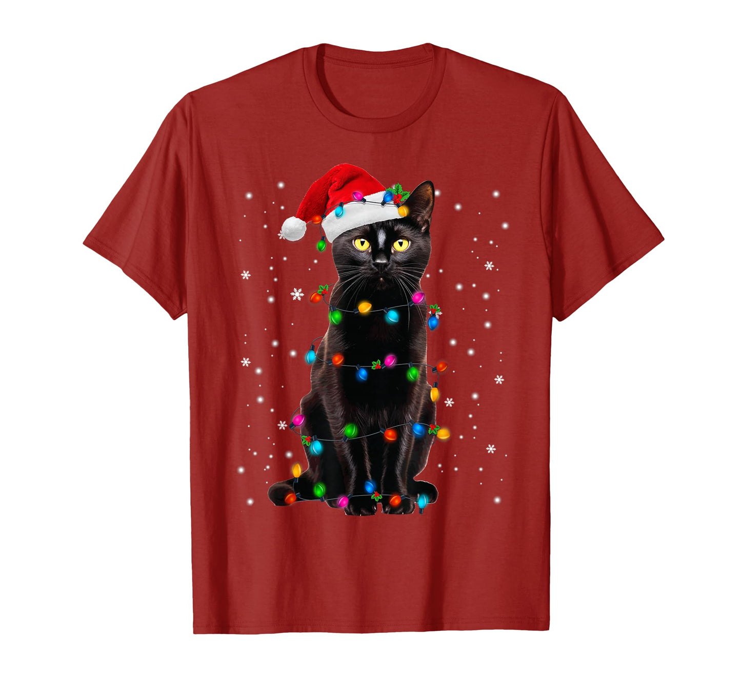 Black Cat Christmas Lights Santa Funny Cat Dad Mom Xmas T-Shirt