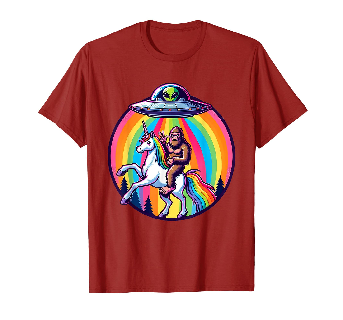 Bigfoot riding a Unicorn beamed up by a UFO, Alien, Cryptid T-Shirt