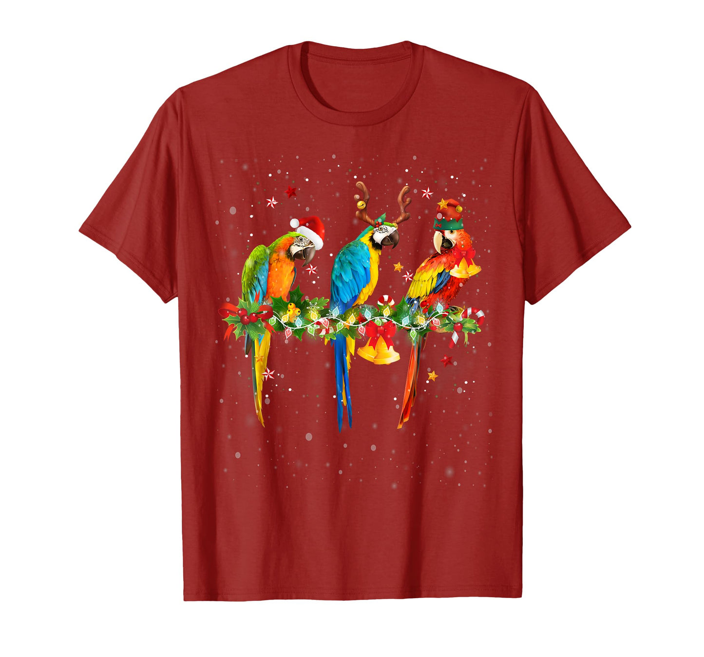 Colorful Christmas Parrots Santa Reindeer Elf Hat Funny T-Shirt