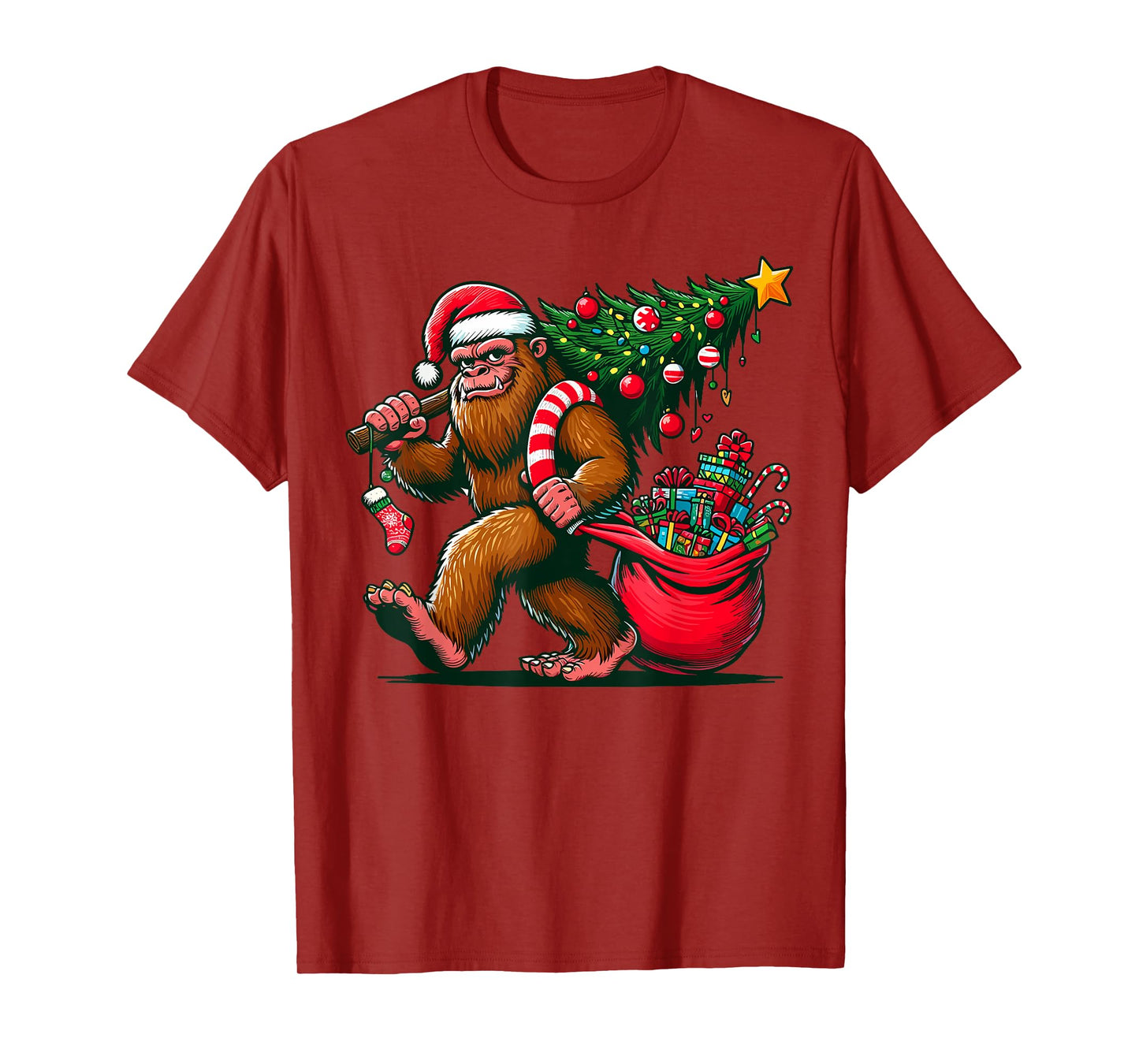 Bigfoot Christmas Tree Lights Xmas Sasquatch T-Shirt - Unisex-Adults, Kids - Blue - Small - Short Sleeve - T-Shirt - Cartoon Pattern - Winter