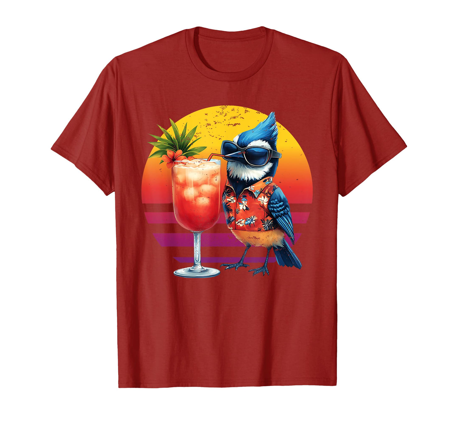 Blue Jay Drinking Hawaiian Birding Retro Summer Bird Lovers T-Shirt