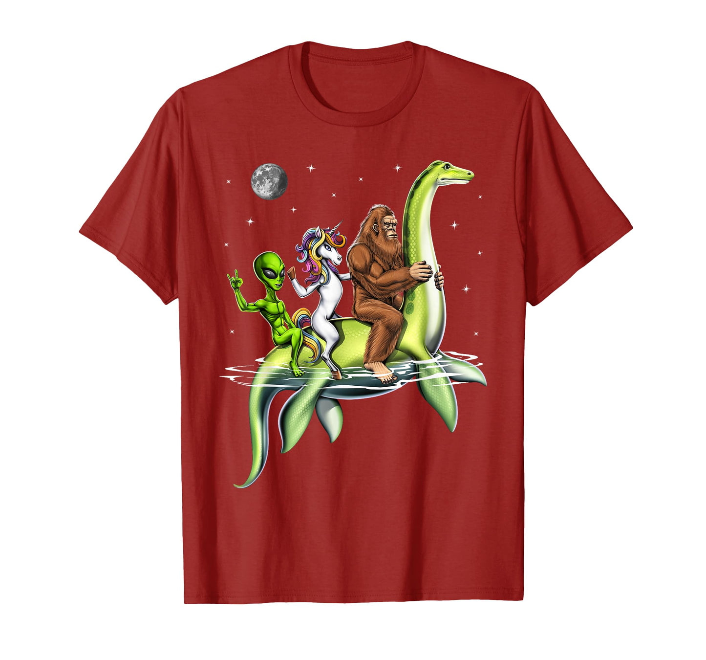 Cryptids Bigfoot Alien Unicorn Riding Loch Ness Monster T-Shirt