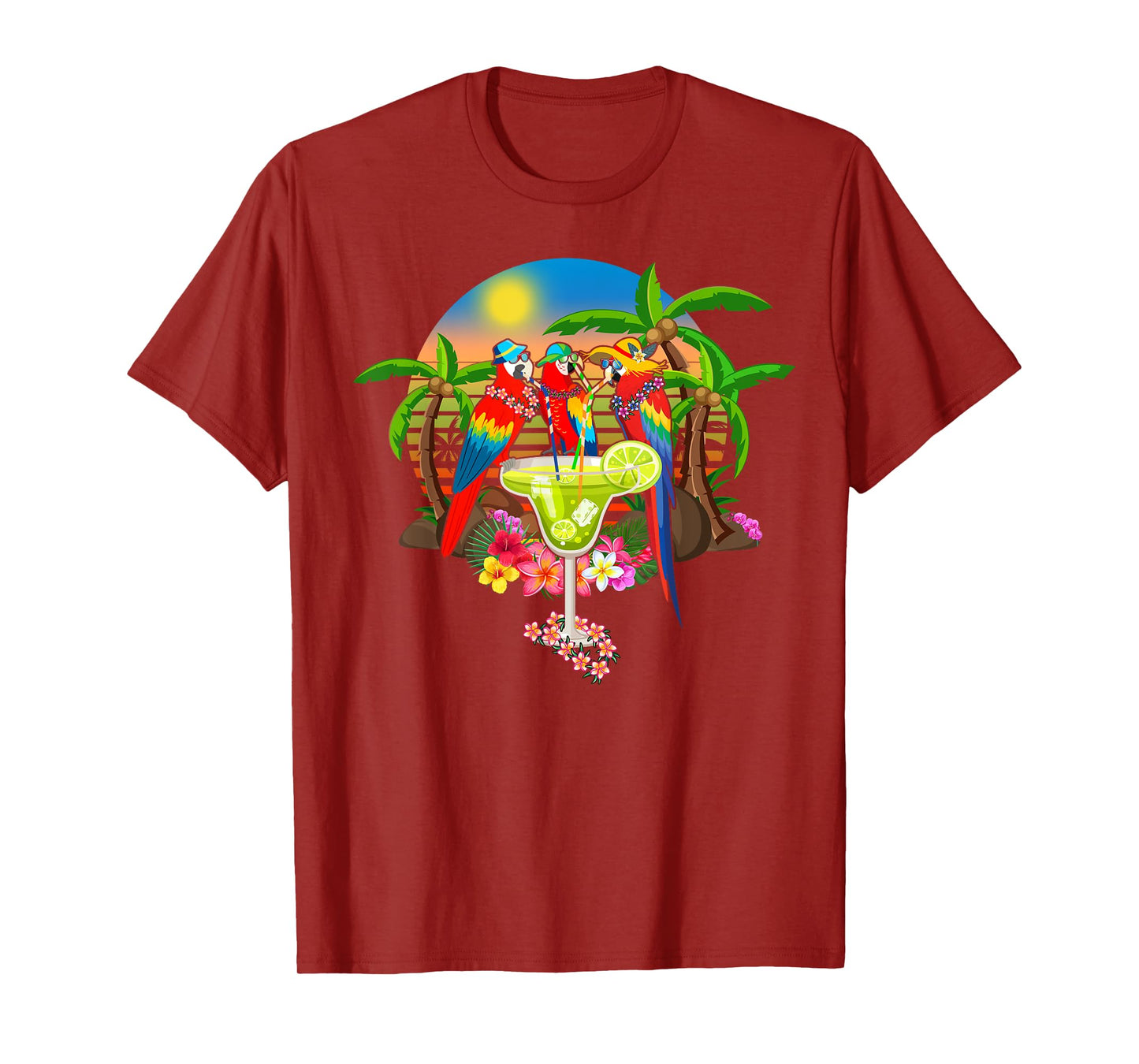 Parrots Drinking Margarita On Summer Vacation Birds Fun Men Women T-Shirt