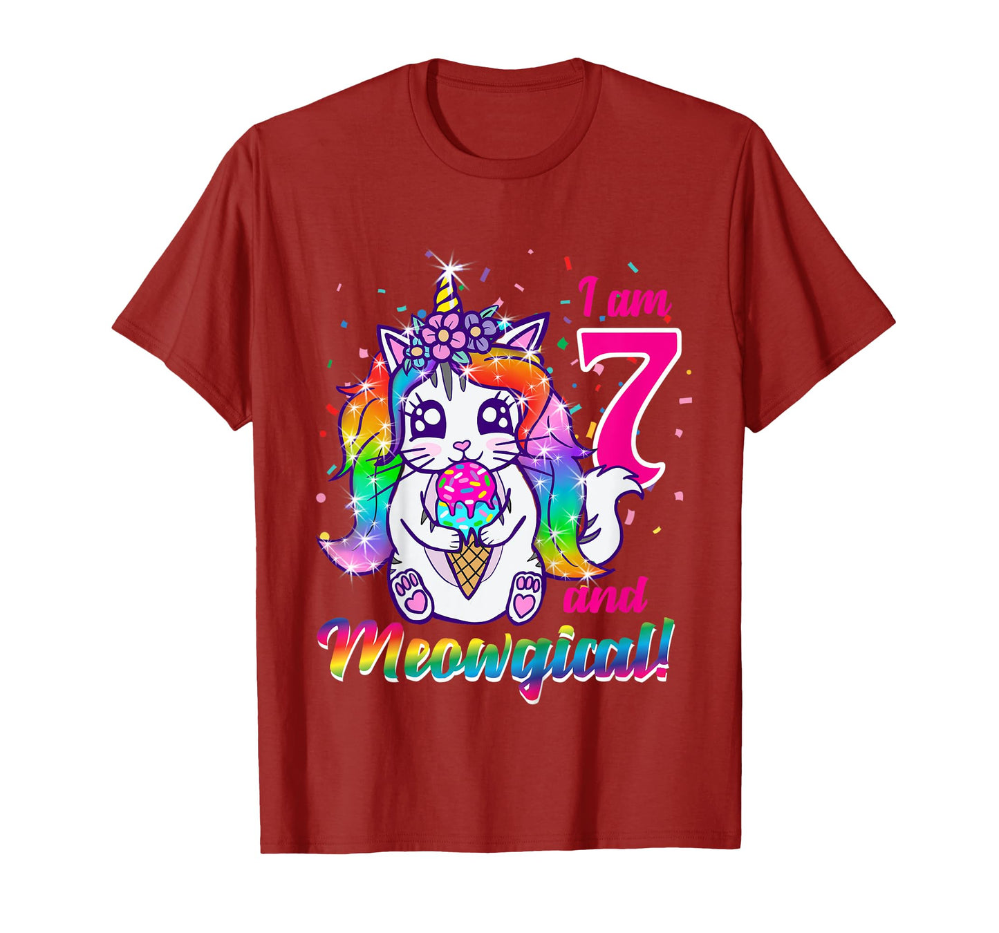 Kids I am 7 and meowgical caticorn kittycorn birthday theme party T-Shirt
