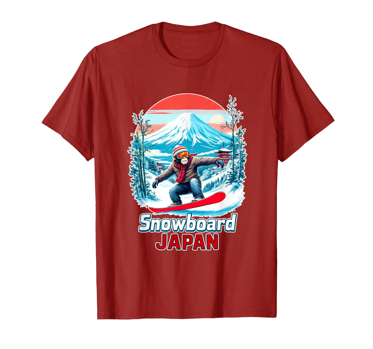 Snowboarding Monkey in Japan Scenic Landscape T-Shirt