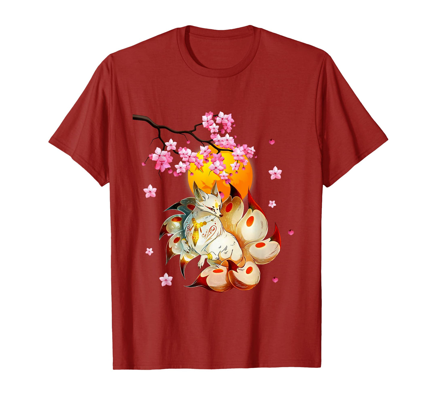 Kitsune-Fox Japanese Nine Tailed Fox-Cherry Blossom Flowers T-Shirt