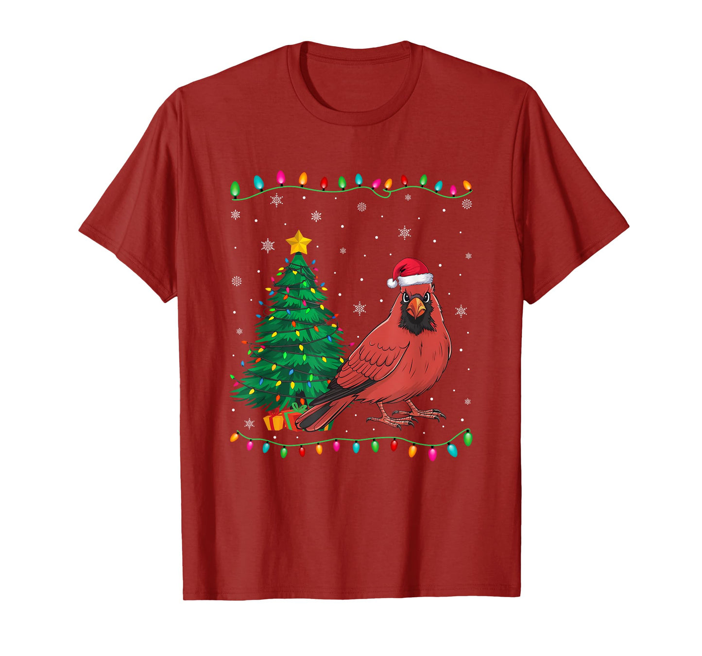 Cardinal Bird Santa Hat Men Women Kids Christmas Tree Lights T-Shirt