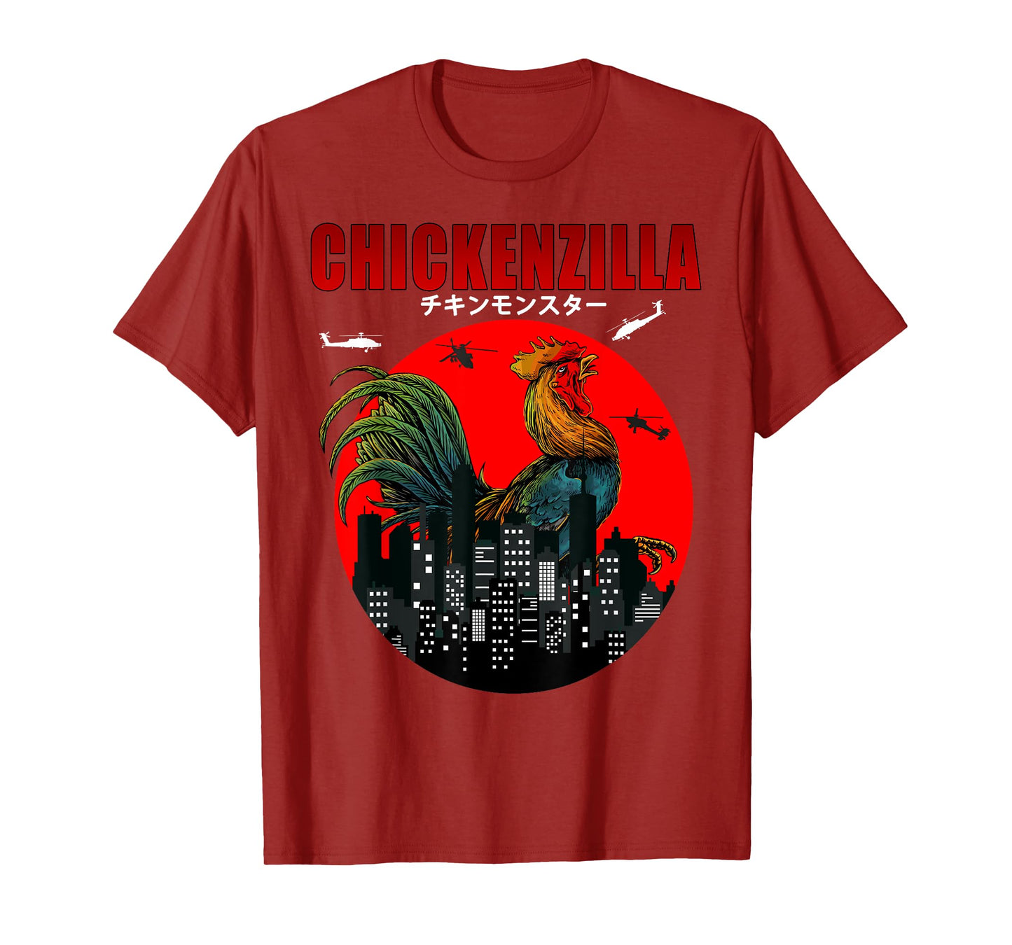 Chickenzilla the Funny Chicken a Japanese Sunset Men Women T-Shirt