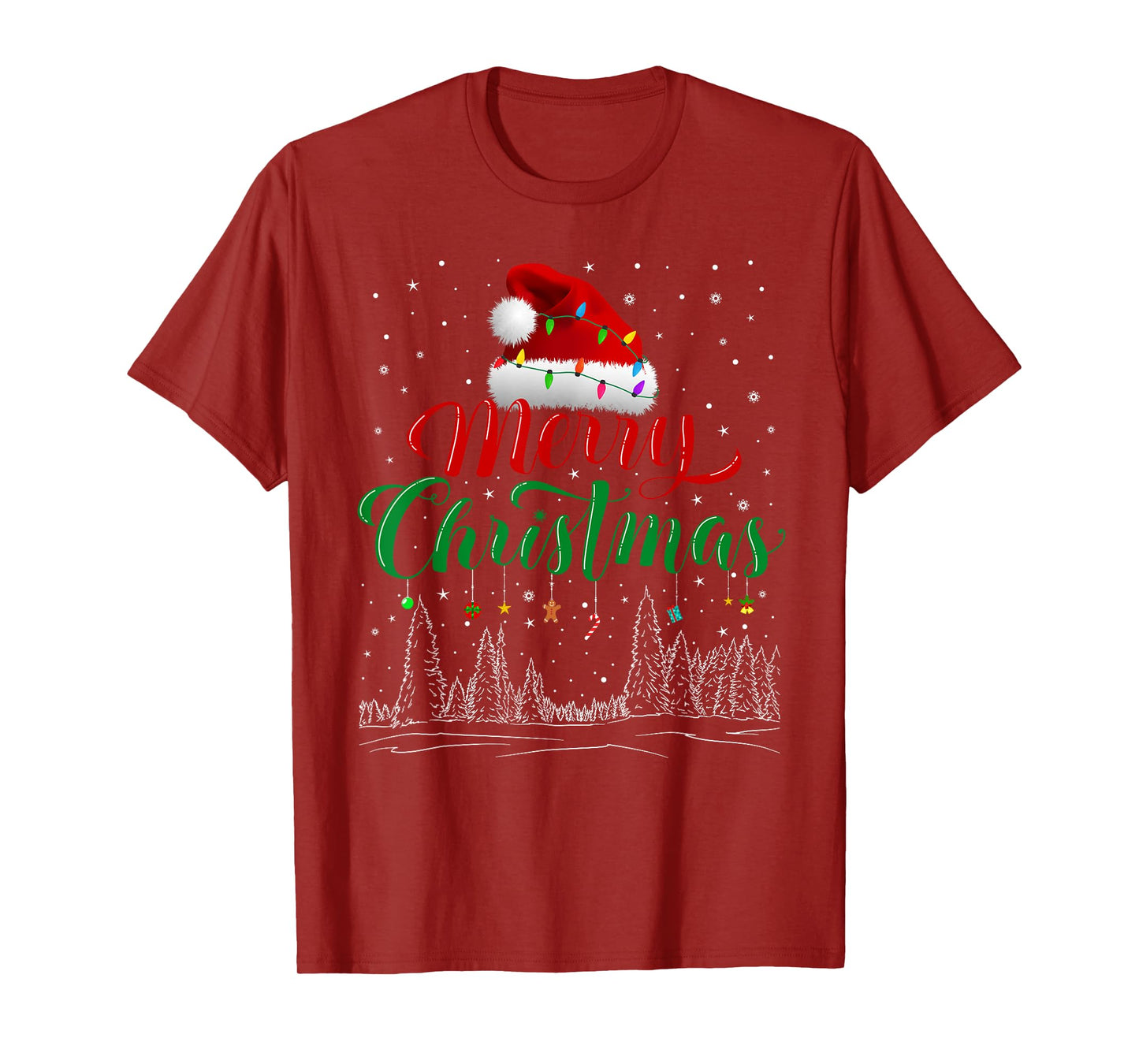 Merry Christmas Lights Red Santa Hat Xmas Family Men Women T-Shirt