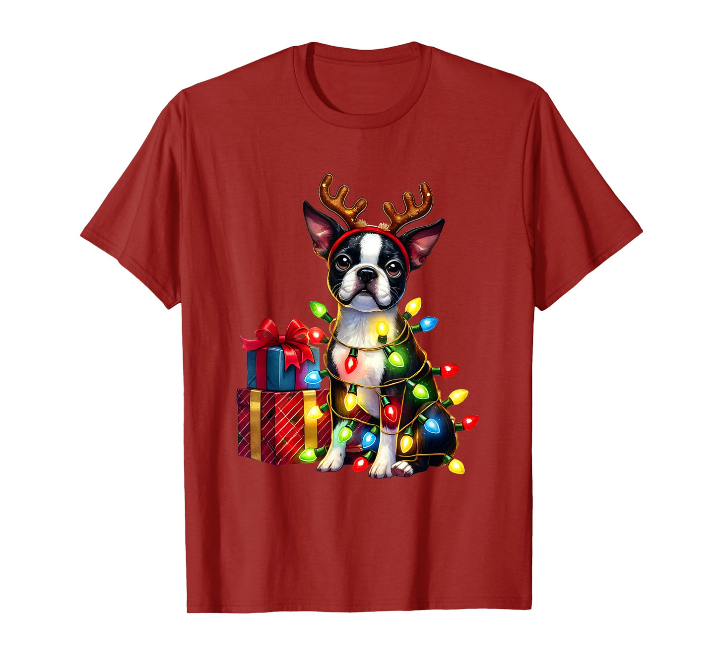 Pet Animal Boston Terrier Dog Reindeer Antlers Christmas T-Shirt for Men Women Kids