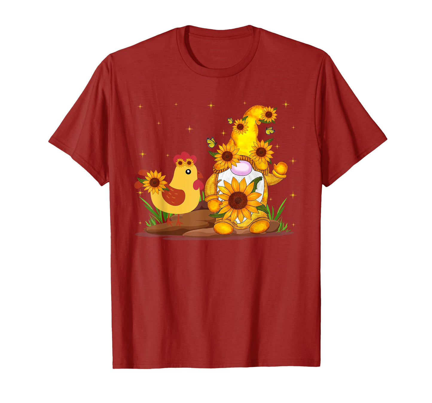 Cute Gnome And Chicken Sunflower Funny Gnome Chicken Farmer T-Shirt