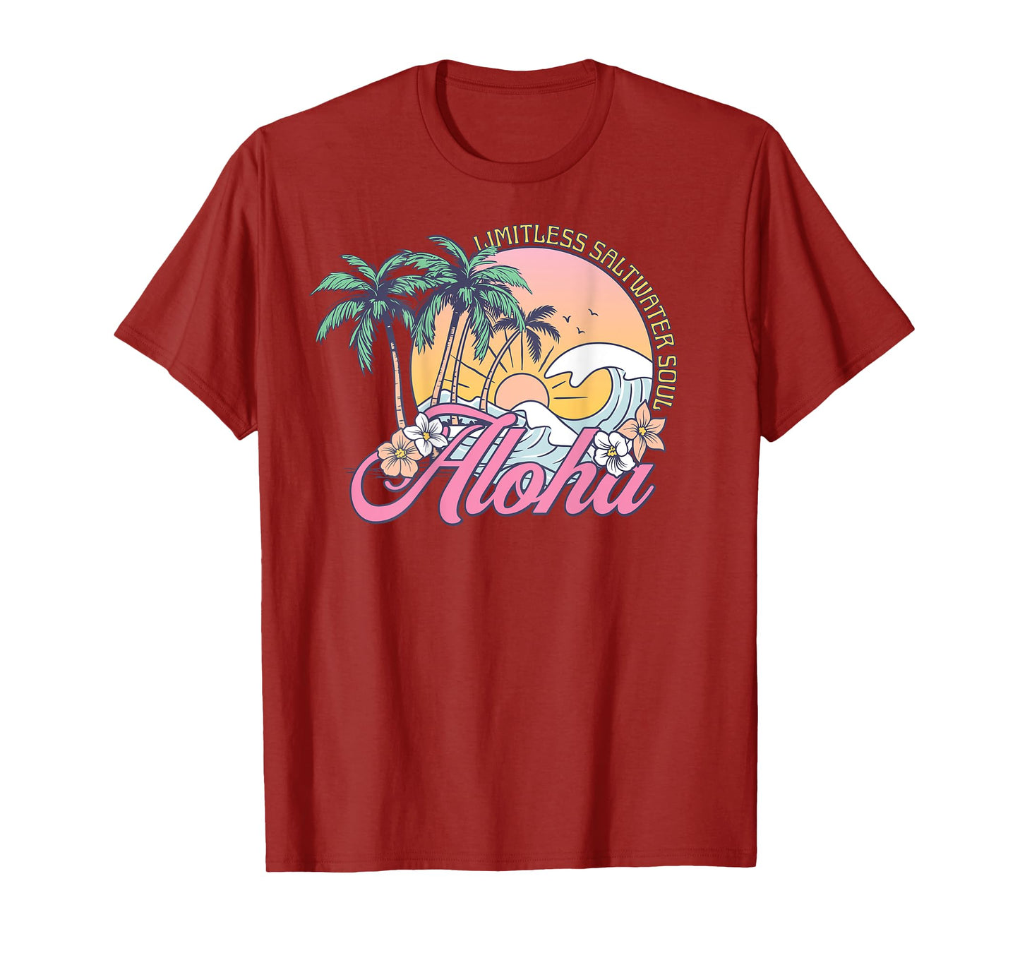 Retro Aloha Sunset Palm Trees Tropical Flowers Surfing Waves T-Shirt