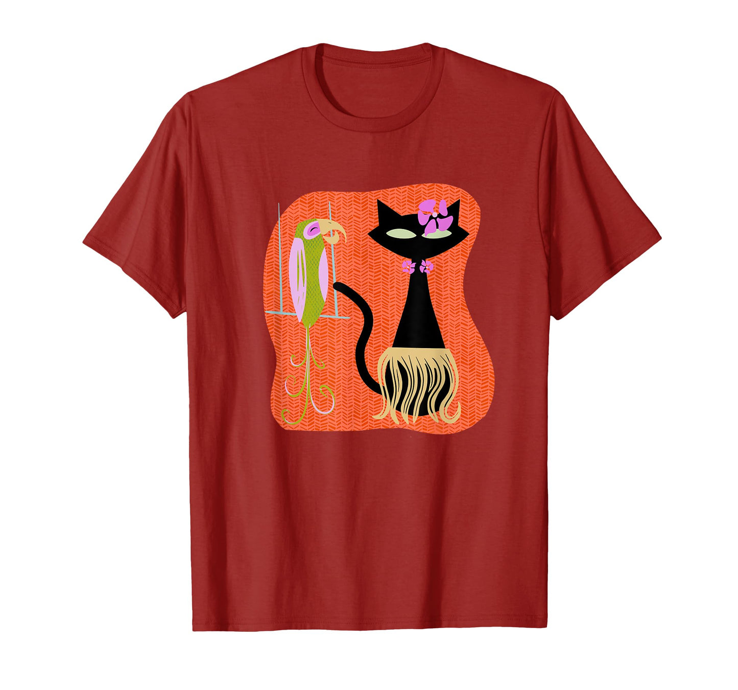 Hawaiian Hula Cat with Tropical Tiki Bird and Hibiscus Flowe T-Shirt