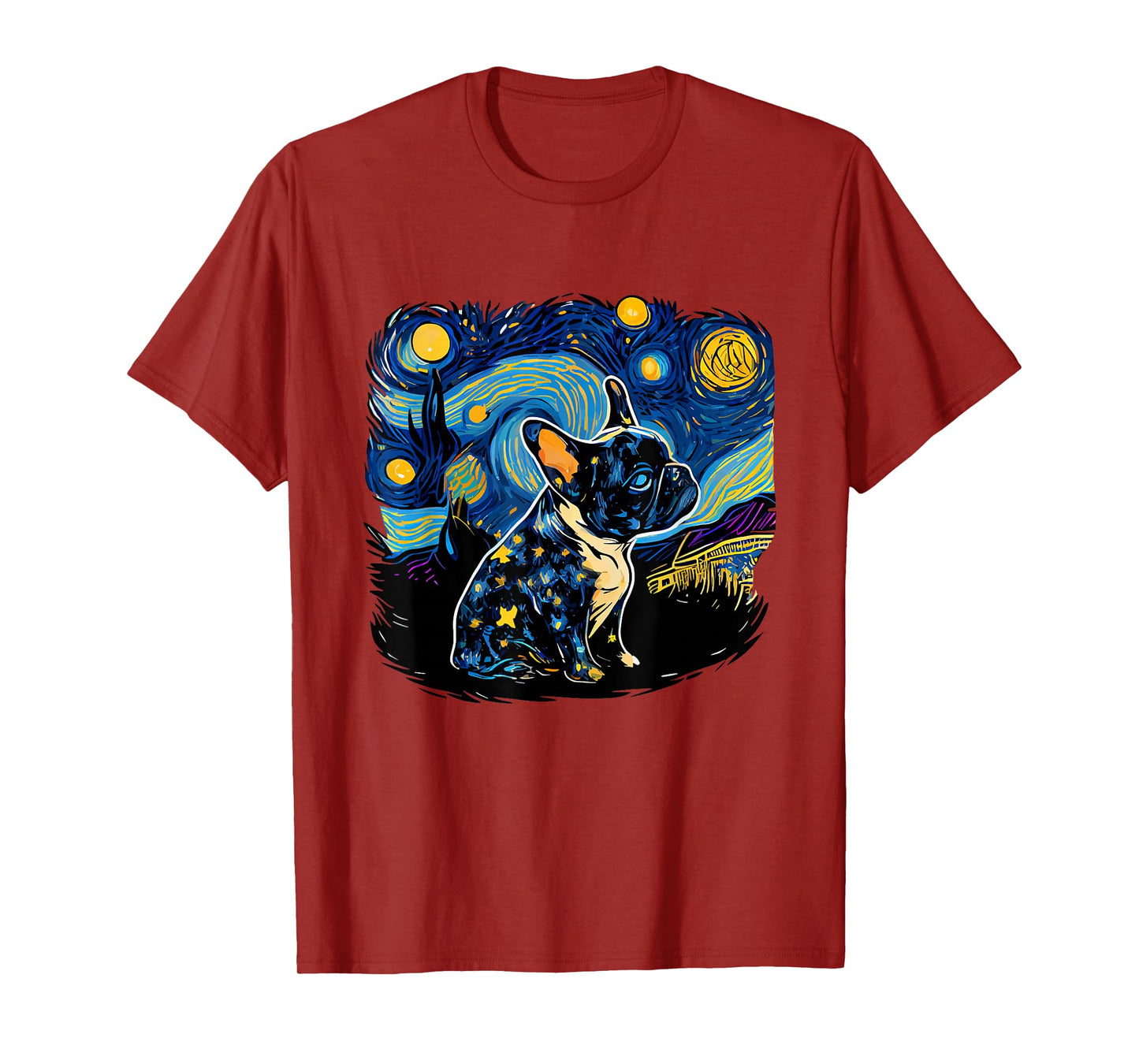 Black Frenchie French Bulldog Starry Night Van Gogh Colorful T-Shirt