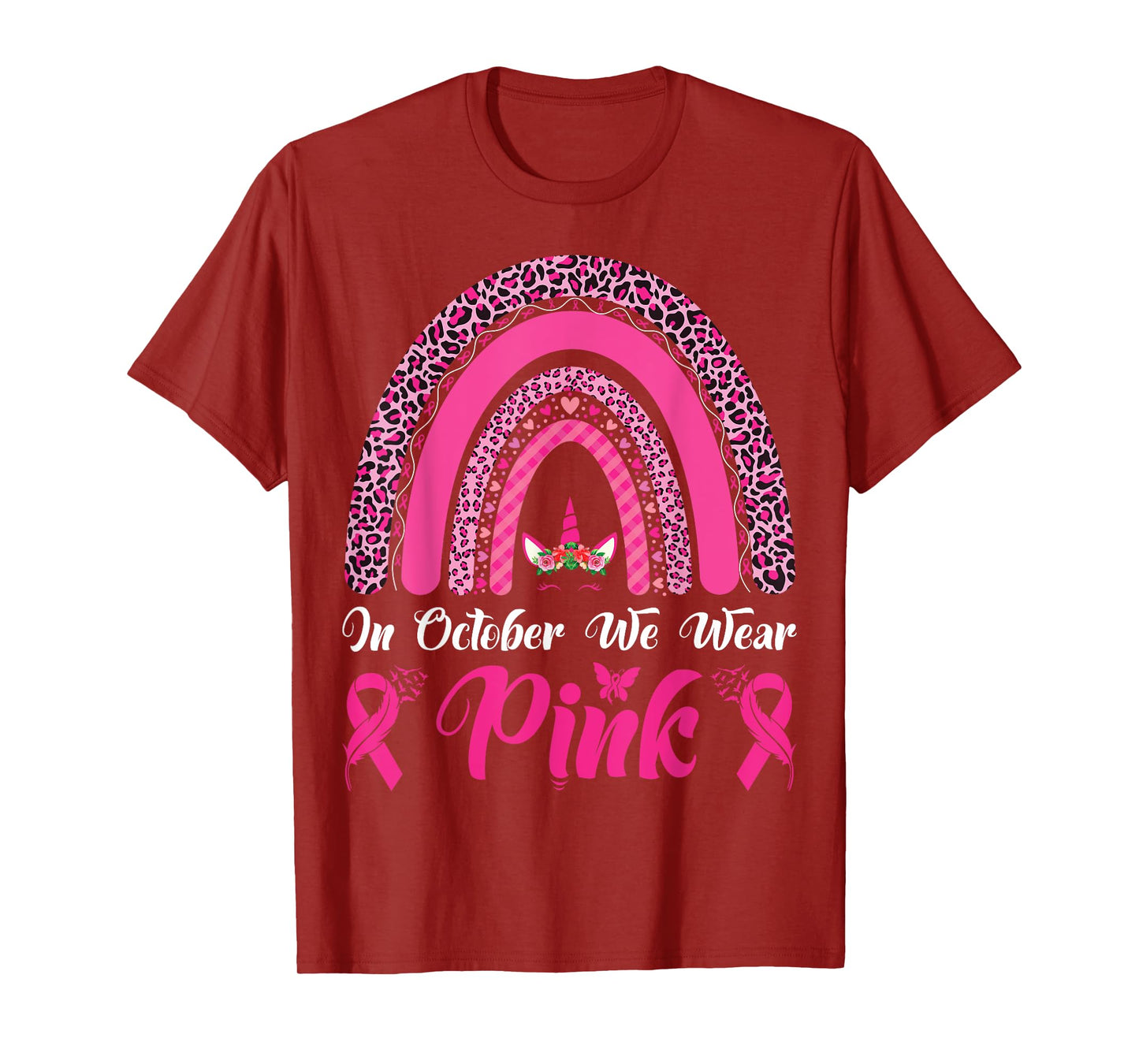In October We Wear Pink Ribbon Unicorn Leopard Rainbow T-Shirt