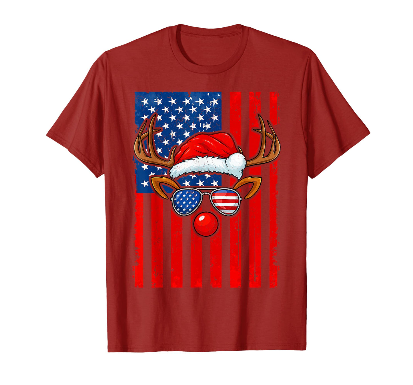 Vintage Rudolph Rednose Santa Hat Us Flag Christmas Xmas Men T-Shirt