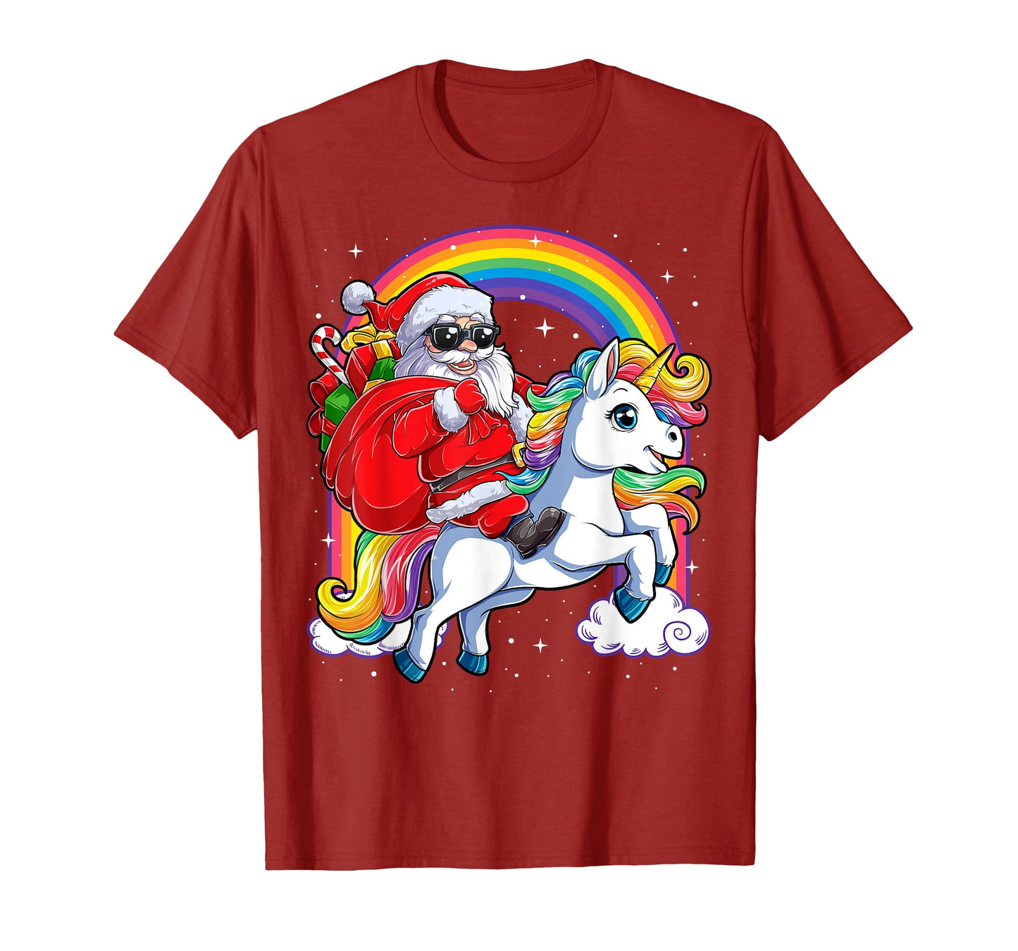 Christmas Santa Riding Unicorn Xmas Girls Women Rainbow Short Sleeve T-Shirt