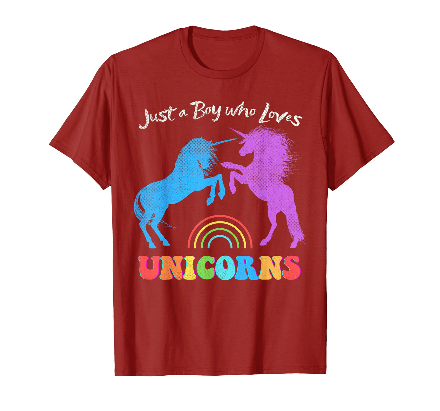 Funny Just a Boy who Loves Unicorns Retro Rainbow Distressed T-Shirt