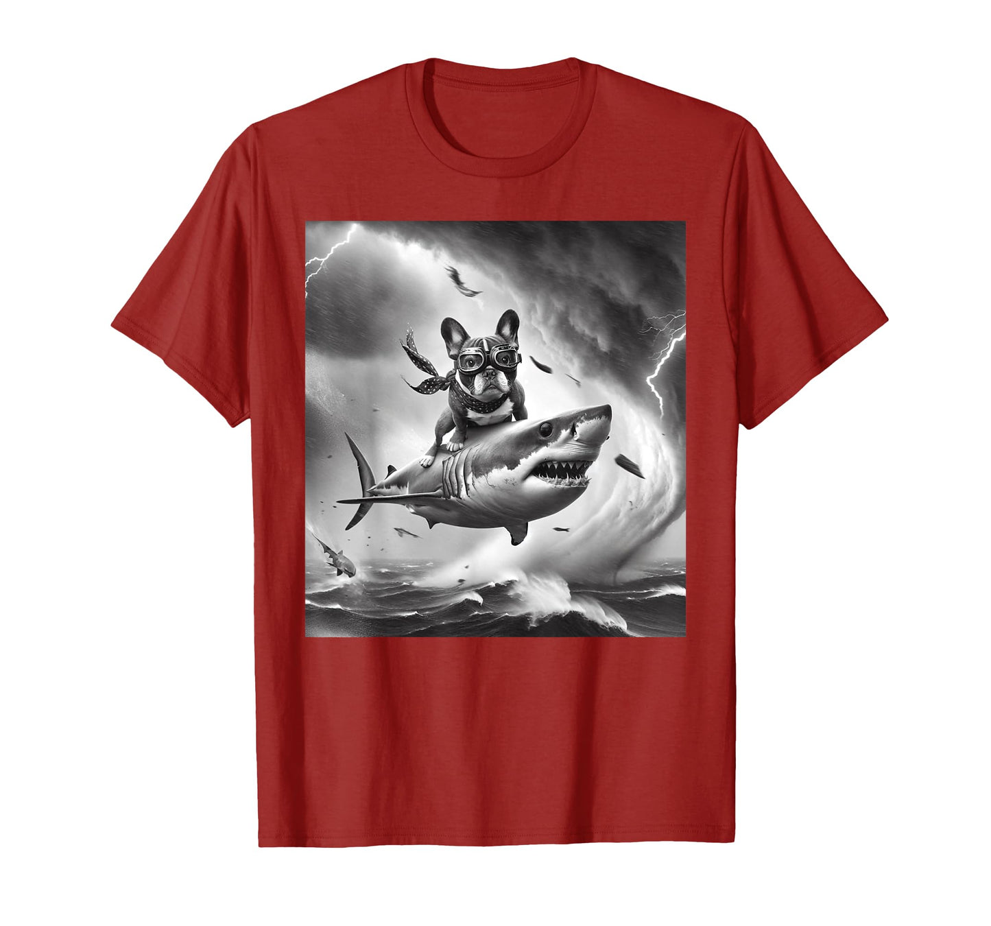 Funny Dog French Bulldog Riding a Shark in Tornado Meme T-Shirt