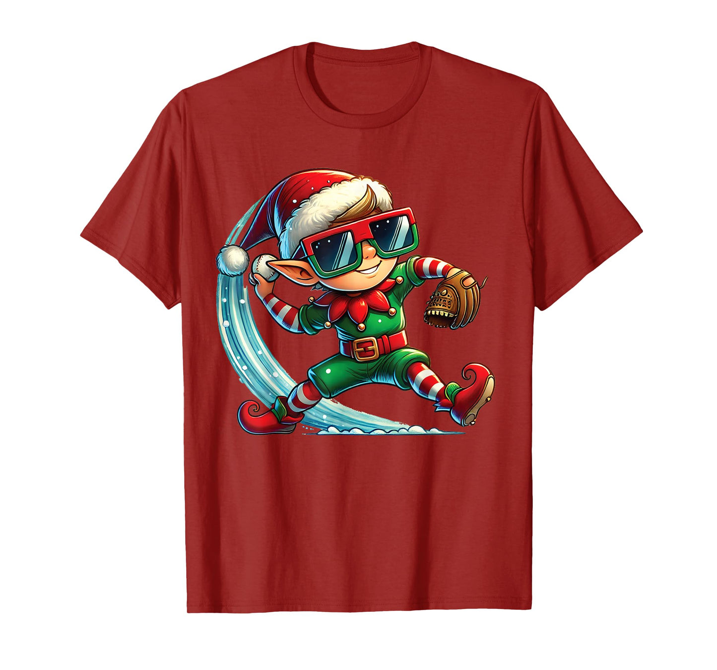 Elf Playing Baseball as Pitcher Boys Kids Teens Christmas T-Shirt
