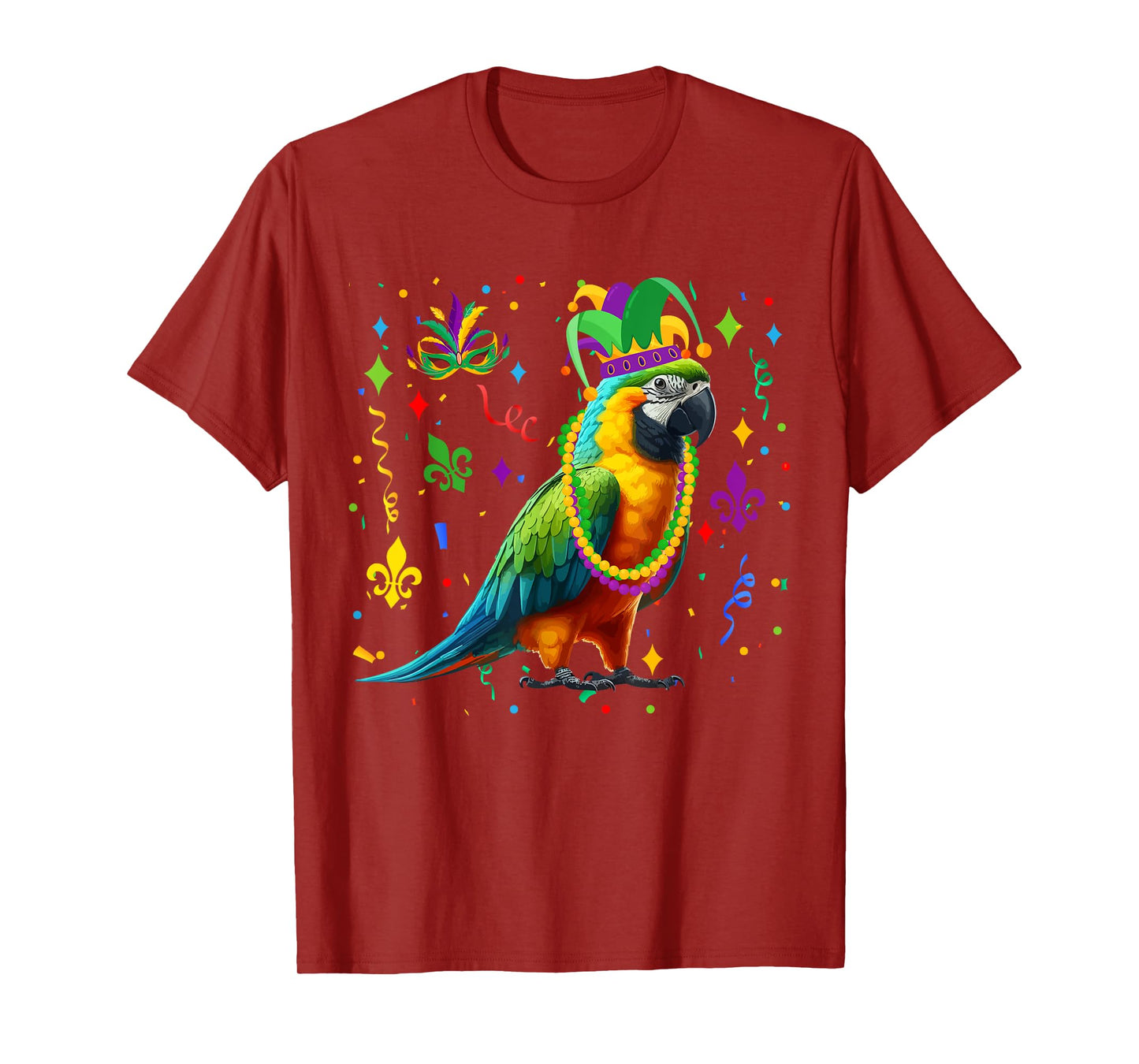 Parrot Wearing Mardi Gras Beads Jester Hat Masked Parades T-Shirt