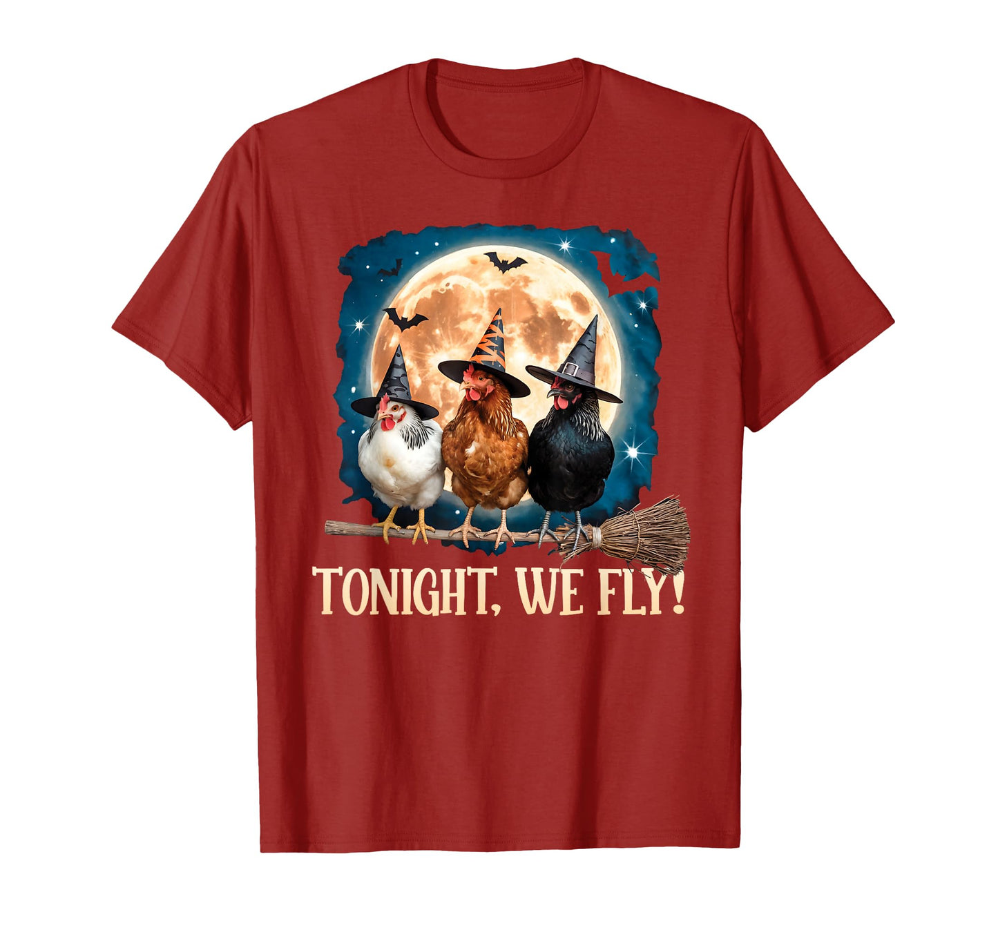 Tonight We Fly Moon Bat Funny Spooky Chicken Witch Halloween T-Shirt