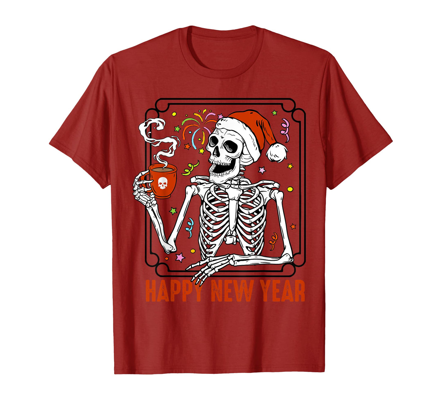 Happy New Year Christmas Funny Skeleton Drinking Coffee Xmas T-Shirt