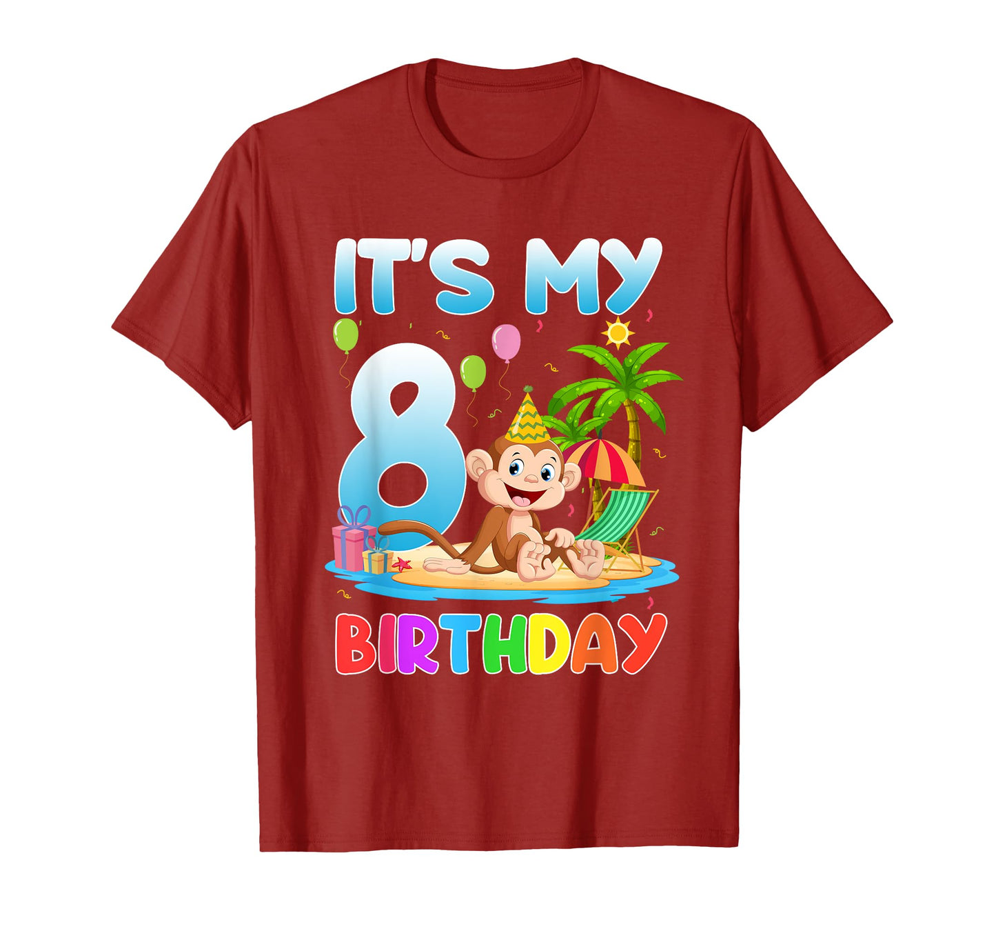 It's My 8th Birthday Summer Monkey 8 Year Old Bday Party Kid T-Shirt